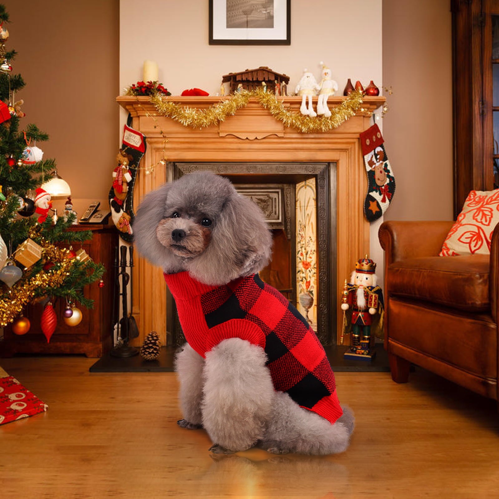 Kuoser Acrylic Plaid Dog Coat Sweater， Red， XS/XL