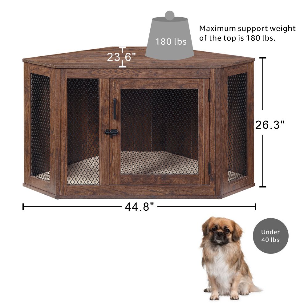 Unipaws Corner Dog Crate， Dog Crate furniture with Cushion， Dog Kennel with Wood and Mesh， Dog House for Limited Room (Medium， Walnut)