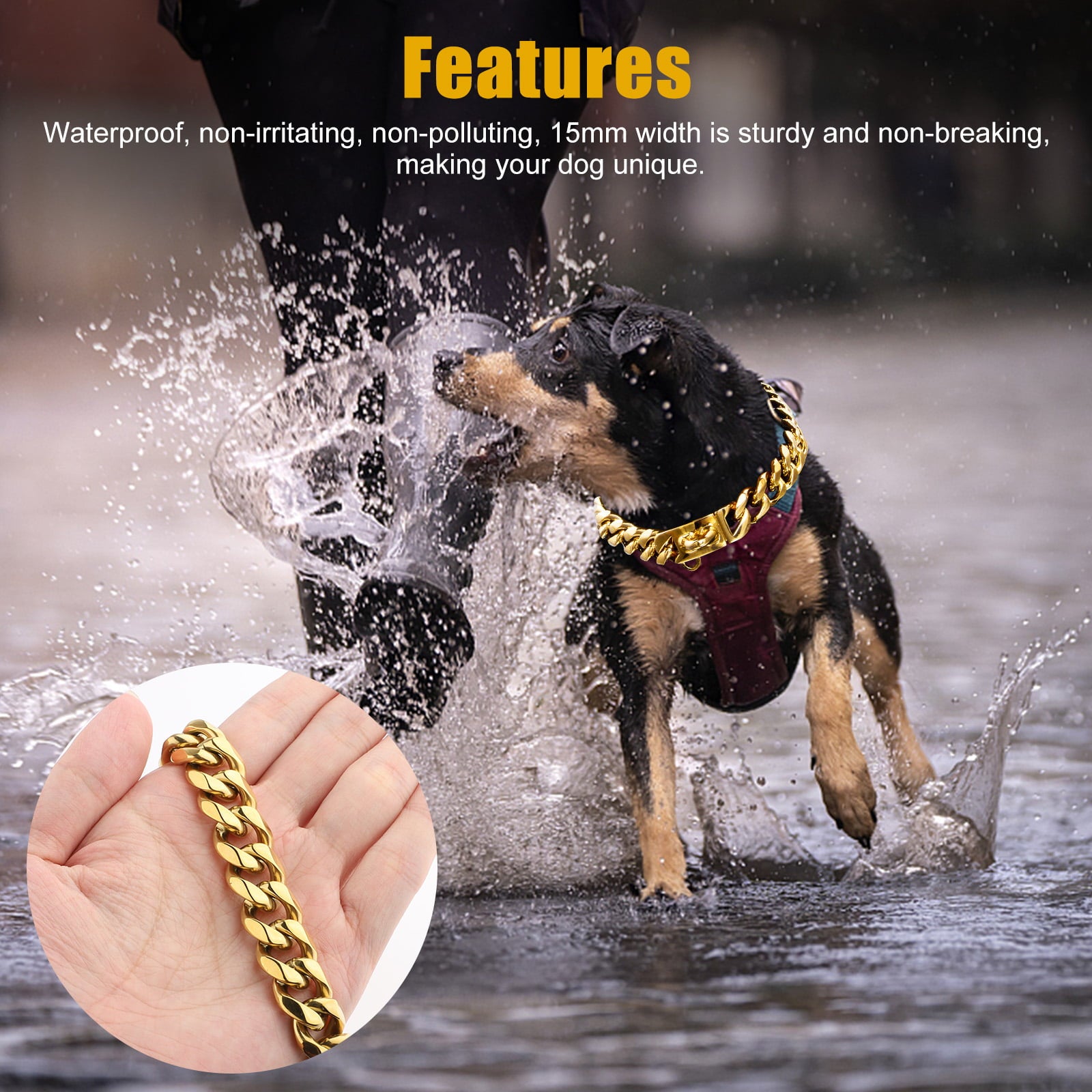 20'' Pet Chain Collar， TSV Stainless Steel Gold Pet Dog Leash Chain Collar with Design Secure Snap Buckle， Heavy Duty Chew Proof Dog Metal Chain Necklace Collar for Pets Xmas Gifts