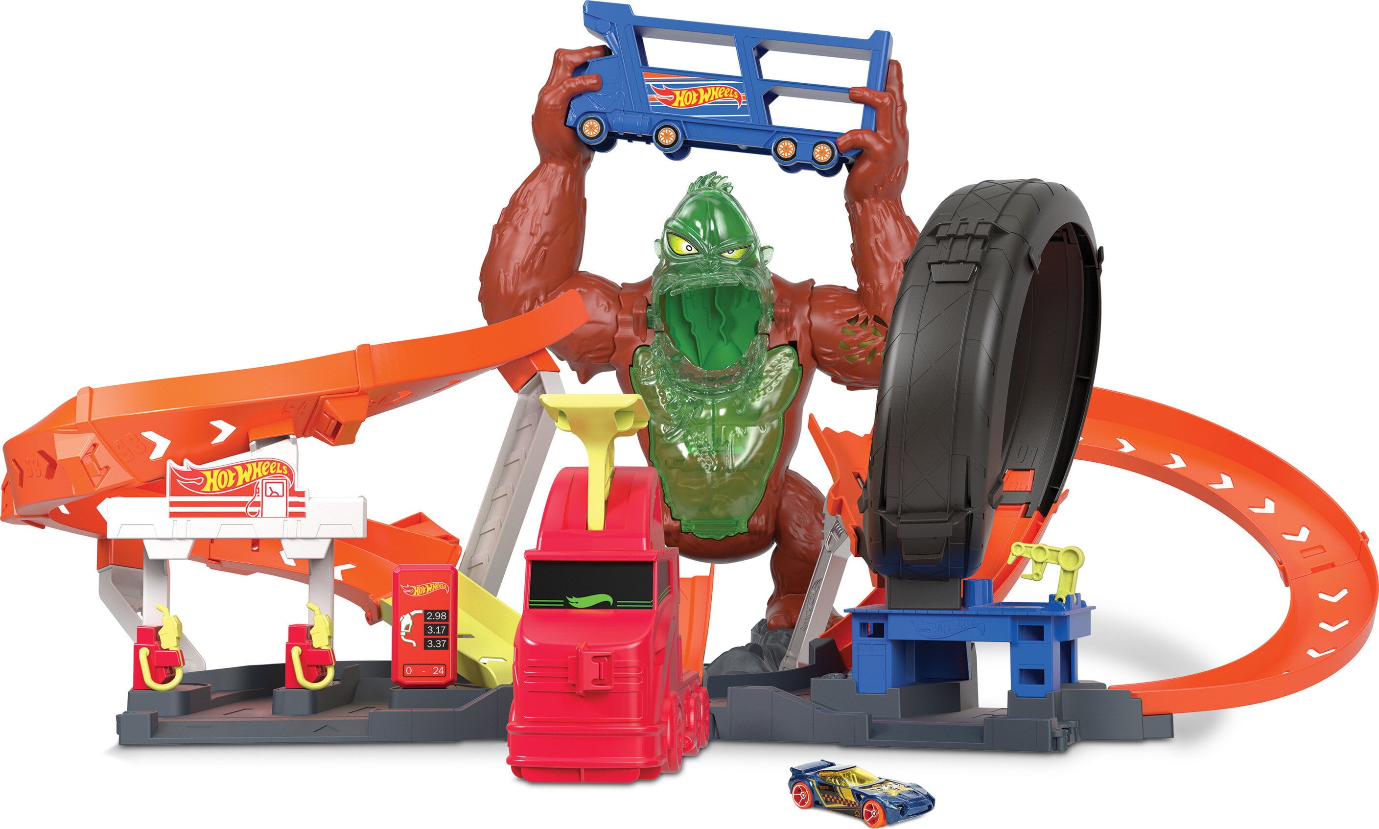 Hot Wheels City Toxic Gorilla Slam Playset and 1:64 Scale Toy Car with Lights and Sounds
