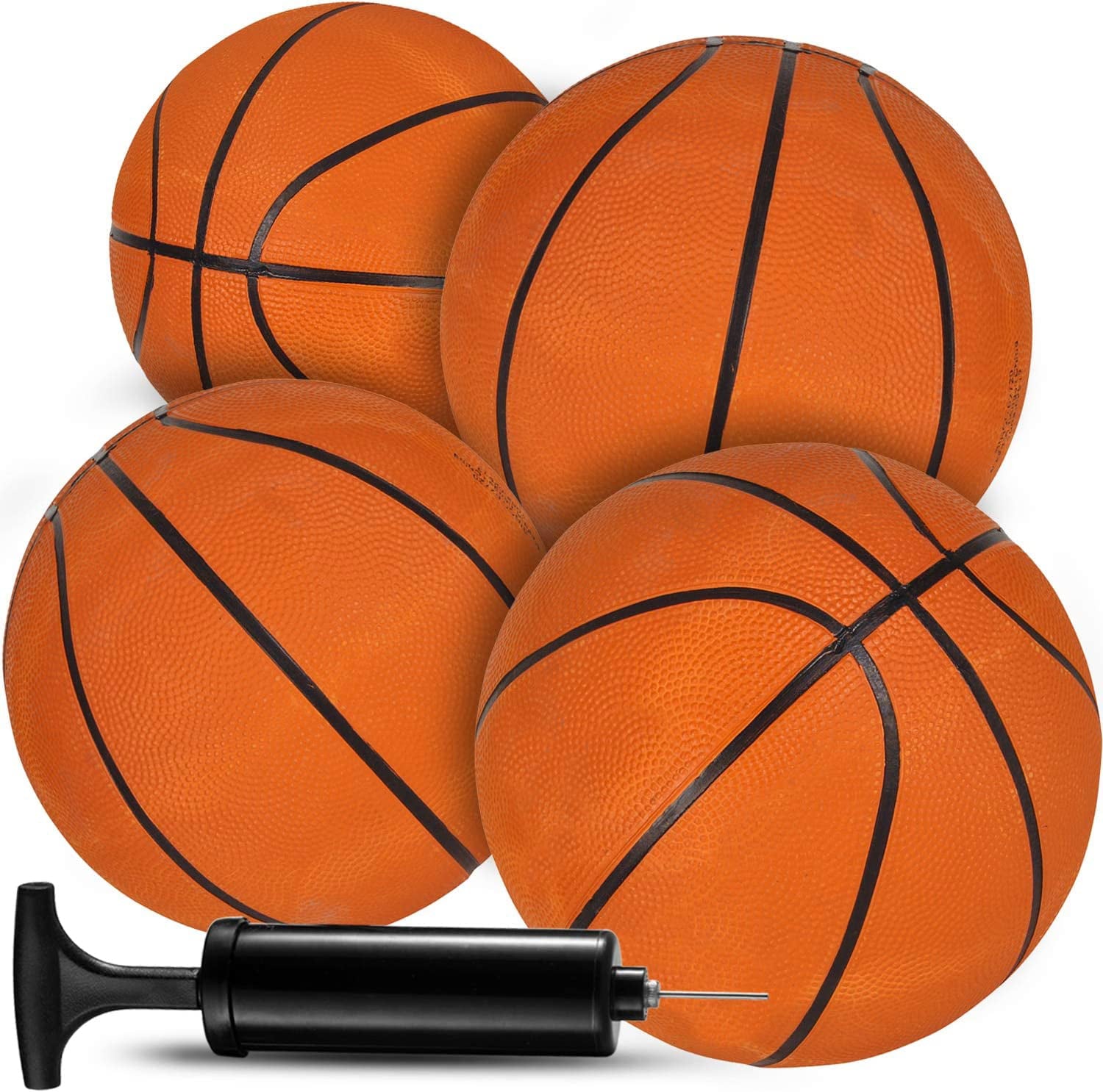 Mini Basketballs - (7 Inch， Size 3) Pack of 4 - Mini Hoop Basketball Set with Air Pump for Indoor， Outdoor， Pool Parties， Small Hoops Basketball Game Party Favors for Kids by Bedwina