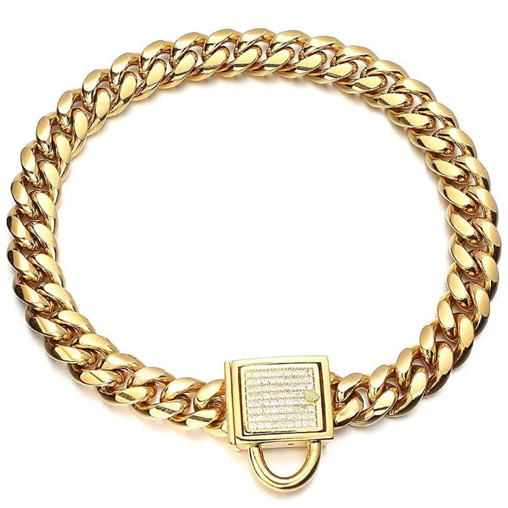 Gold Dog Chain Collar， 10mm Metal Chain Collar Cuban Link Puppy Collar Stainless Steel with CZ Diamond Lock Bling Choke Collar for Dogs(10inches)