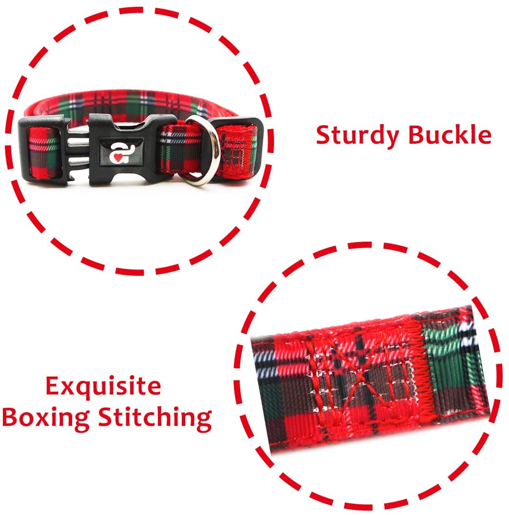 azuza Christmas Dog Collar and Leash Set， Buffalo Plaid Dog Collar with Matching Leash for Small Medium Large Dogs， Great for Christmas， New Year， Festivals and Daily Use