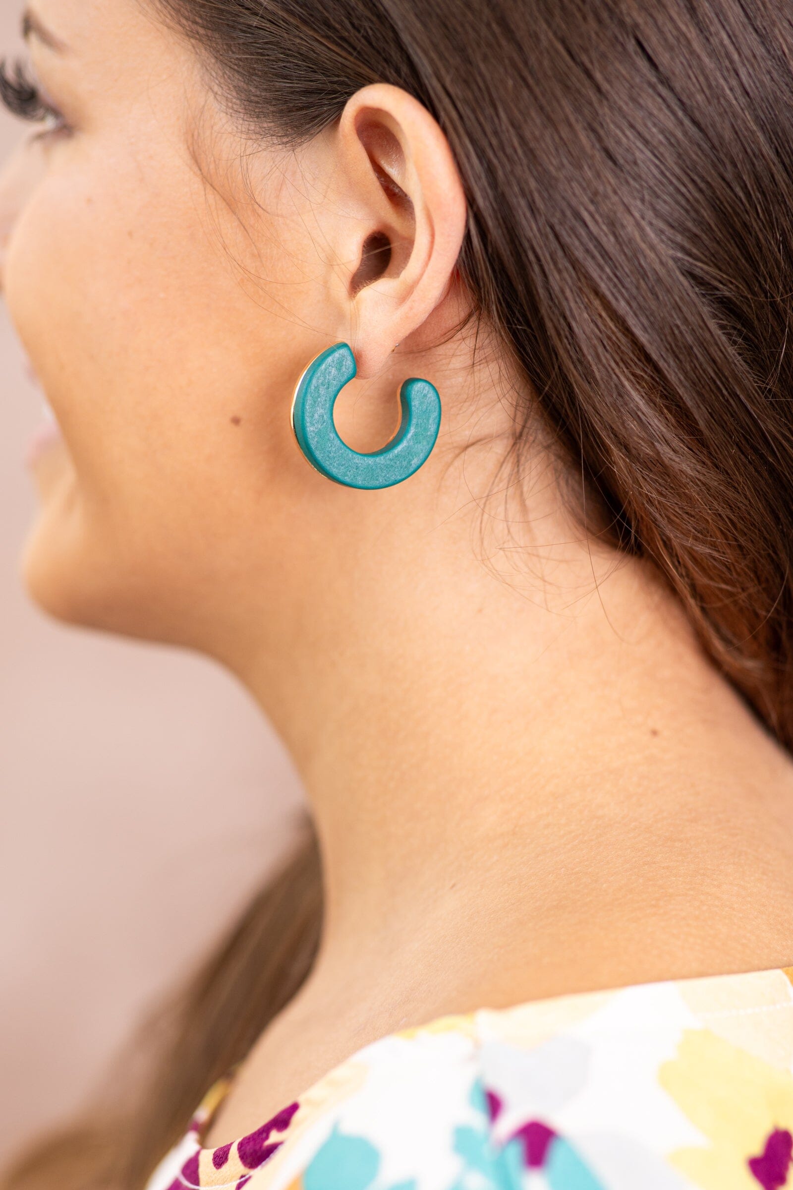 Teal and Gold Wood Small Hoop Earrings