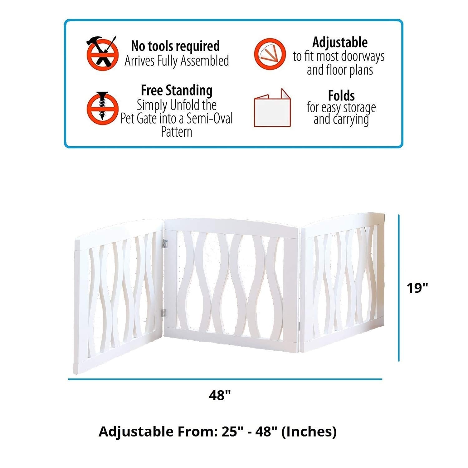 Zoogamo White Wooden Waves Design Pet Gate， Indoor， Outdoor Barrier for Stairs