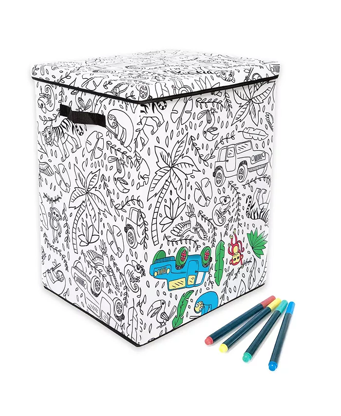 Baum Kid's Coloring Jungle Print Hamper with Lid and 4 Washable Markers Set