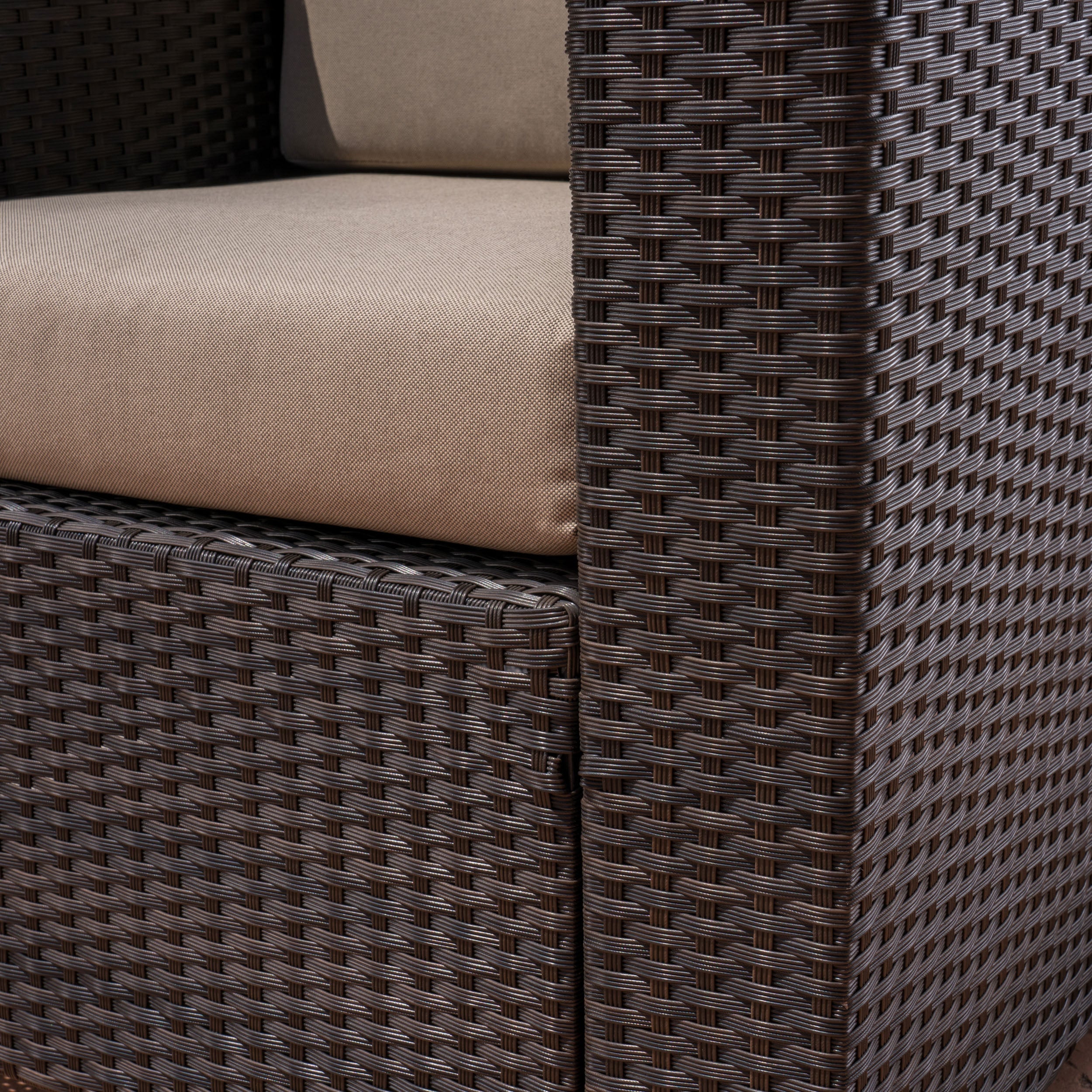 Pearson Outdoor 5 Piece Wicker Swivel Club Chair and Fire Pit Set, Dark Brown with Beige and Brown