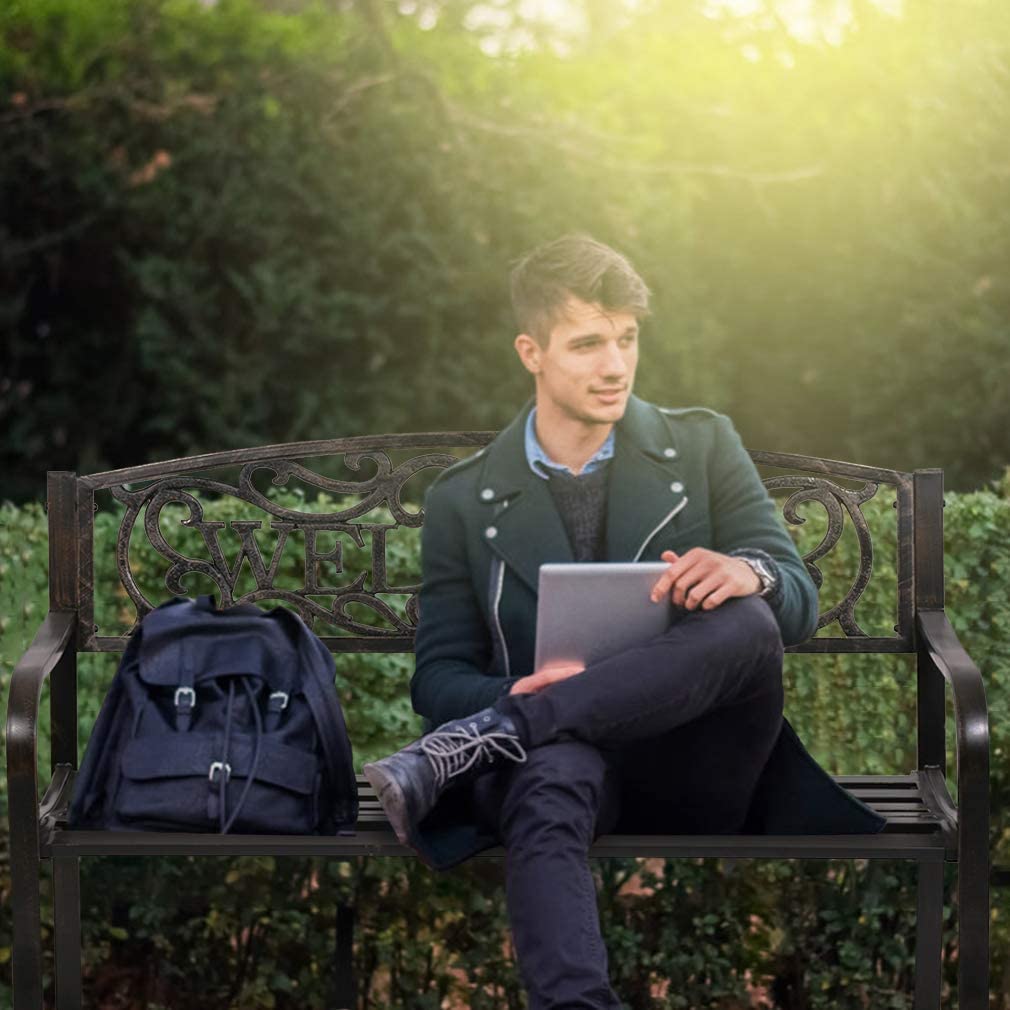 50" Metal Patio Garden Bench, Steel Frame Porch Chair with Armrests Outdoor Bench Park Yard Outdoor Furniture for Patio