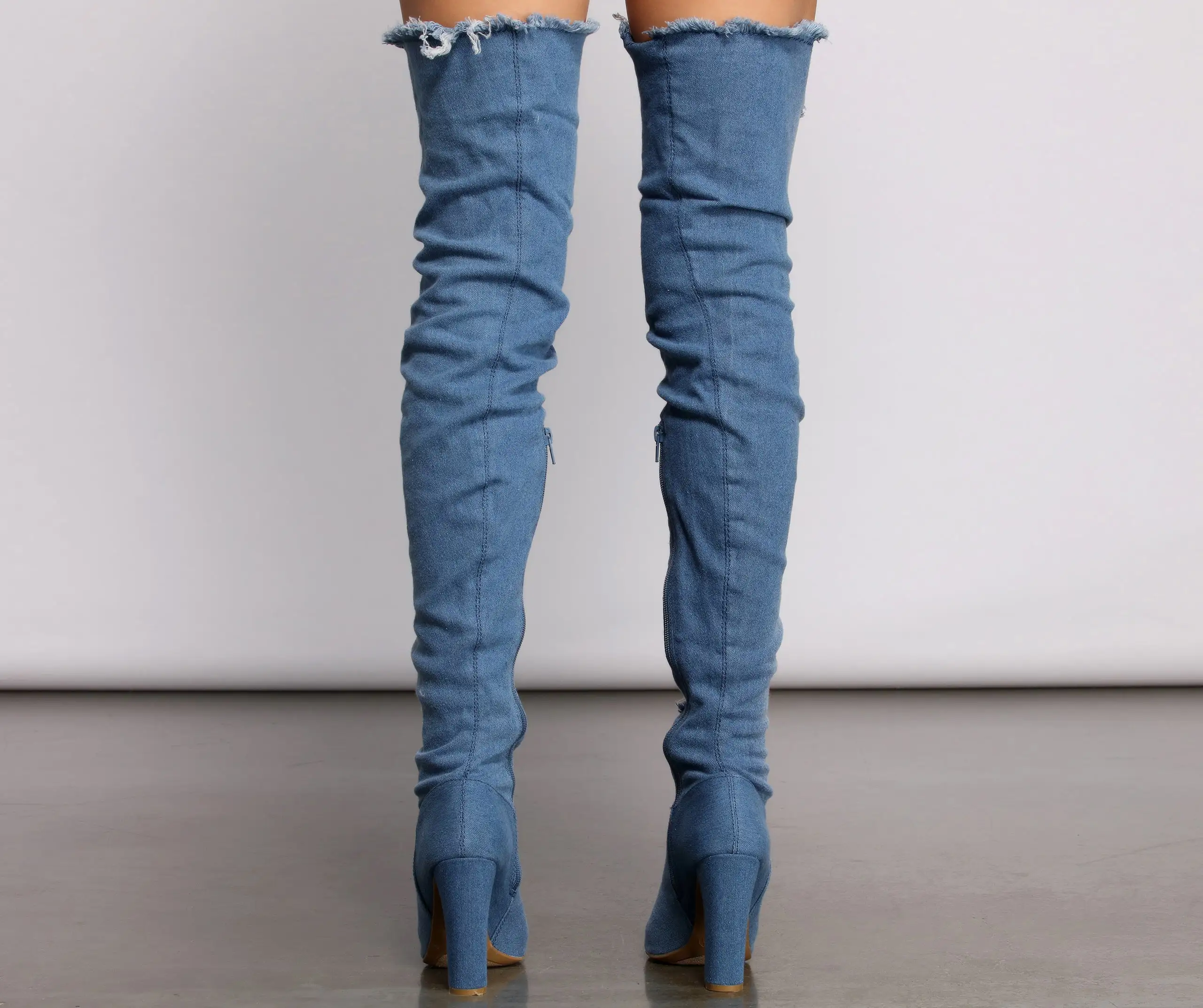 Destructed Denim Over The Knee Heeled Boots