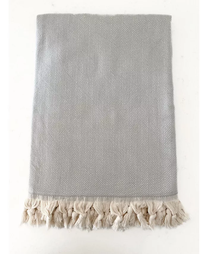 Anaya Home Grey Turkish Cotton Herringbone Throw Blanket with Tassels 55x75