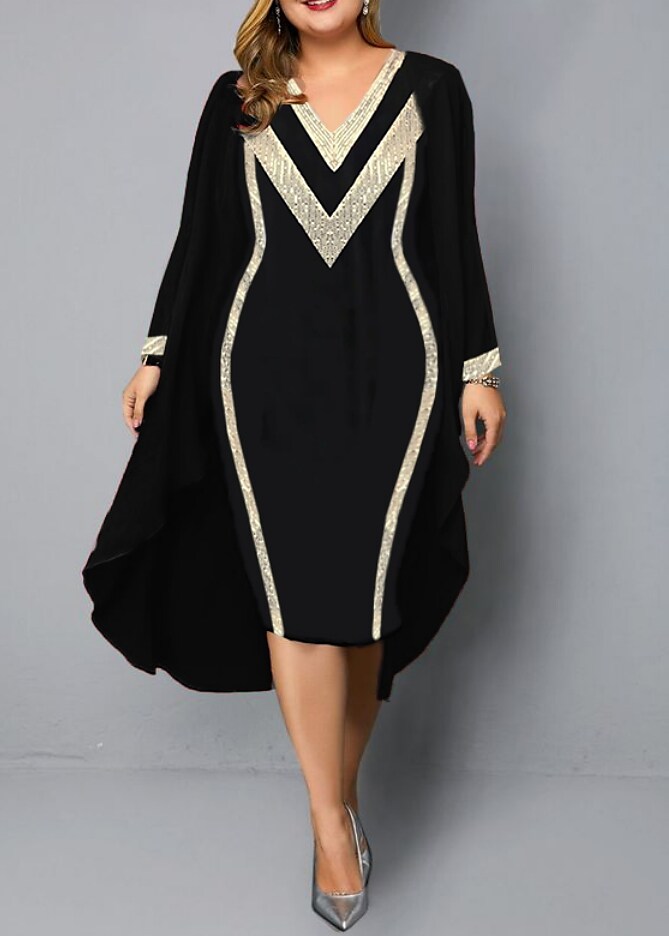 Women's Plus Size Dress Set Color Block V Neck Long Sleeve Formal Dress