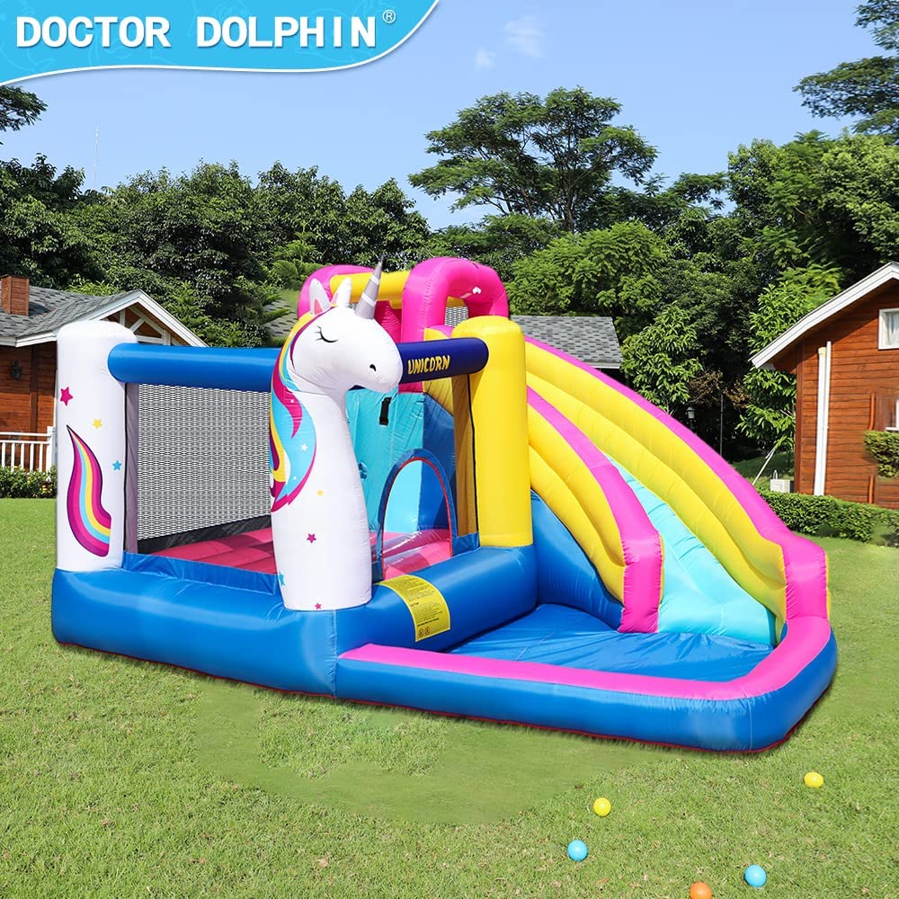 5 in 1 Inflatable Water Slide， Castle Bounce House Trampoline with Pool， Climbing Wall for Kids Age 3-10 with Air Blower