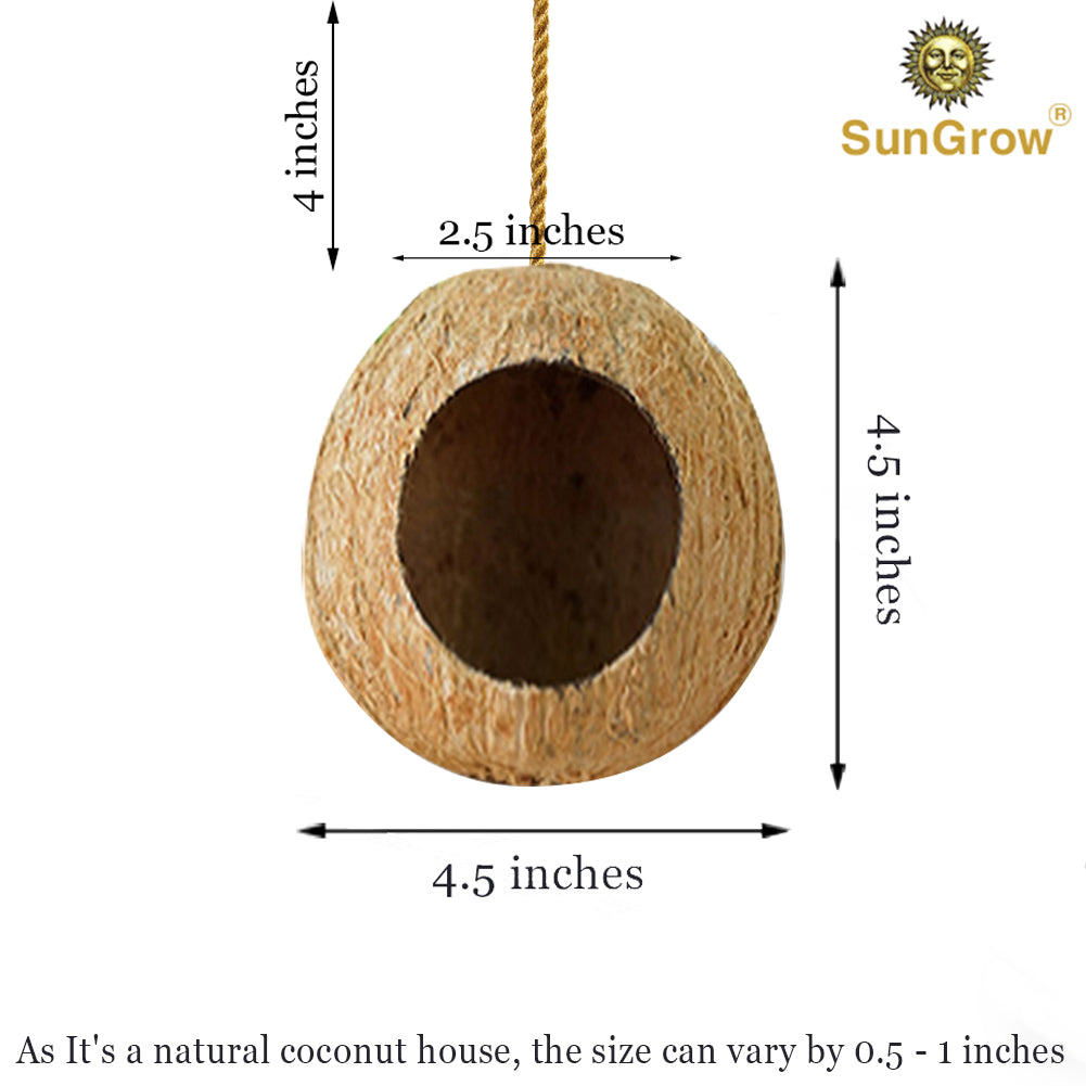 SunGrow Finch and Budgie Coconut Shell Breeding Nest and Bird Seed Storage， Shelter from Cold Weather and Tropical Garden Decor