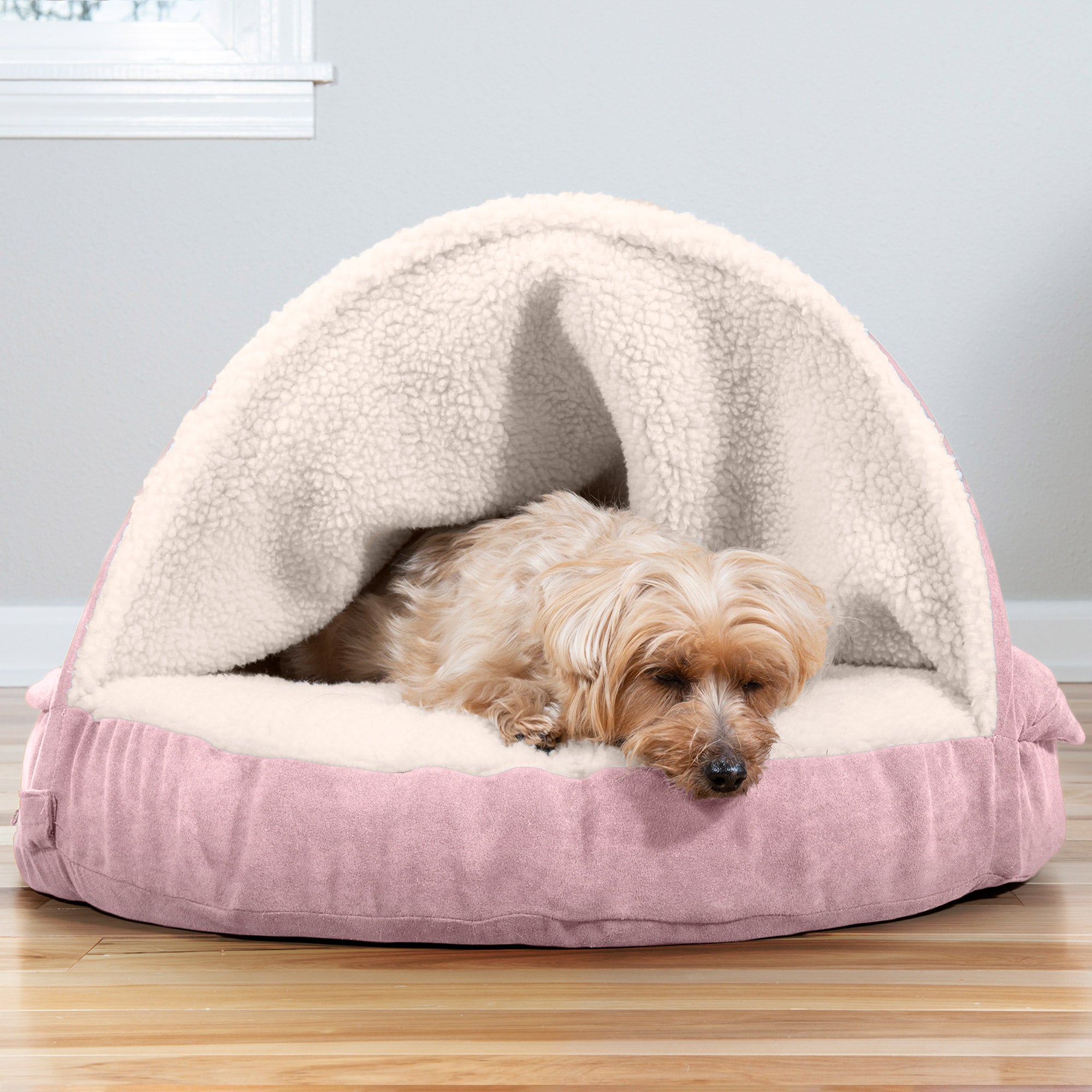 FurHaven | Memory Foam Faux Sheepskin Snuggery Burrow Pet Bed for Dogs and Cats， Pink， 26-Inch