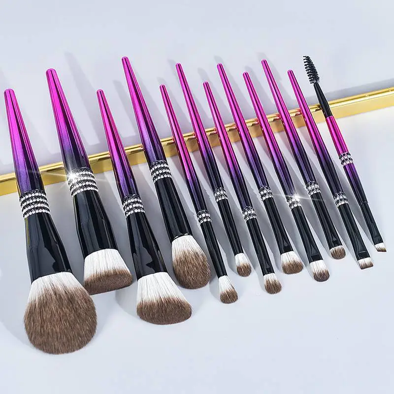 12PCS Diamond Gradient Fuchsia Soft Hair Makeup Brushes Sets