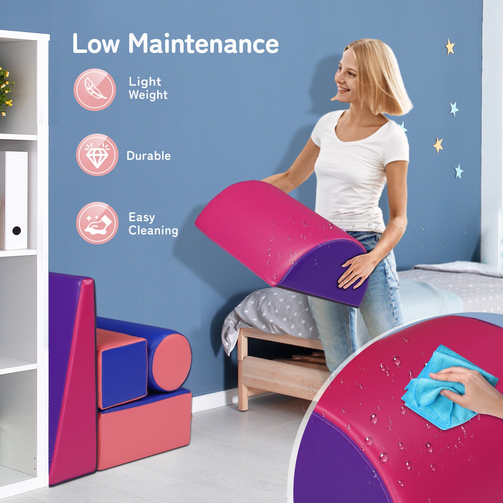 JOYMOR Soft Foam Climber 5-Piece Sets Crawl and Climb Foam， Beginner Toddler Climber with Slide Ramp， Indoor Active Play Structure for Babies and Toddlers (Dark Blue，Rose Red)