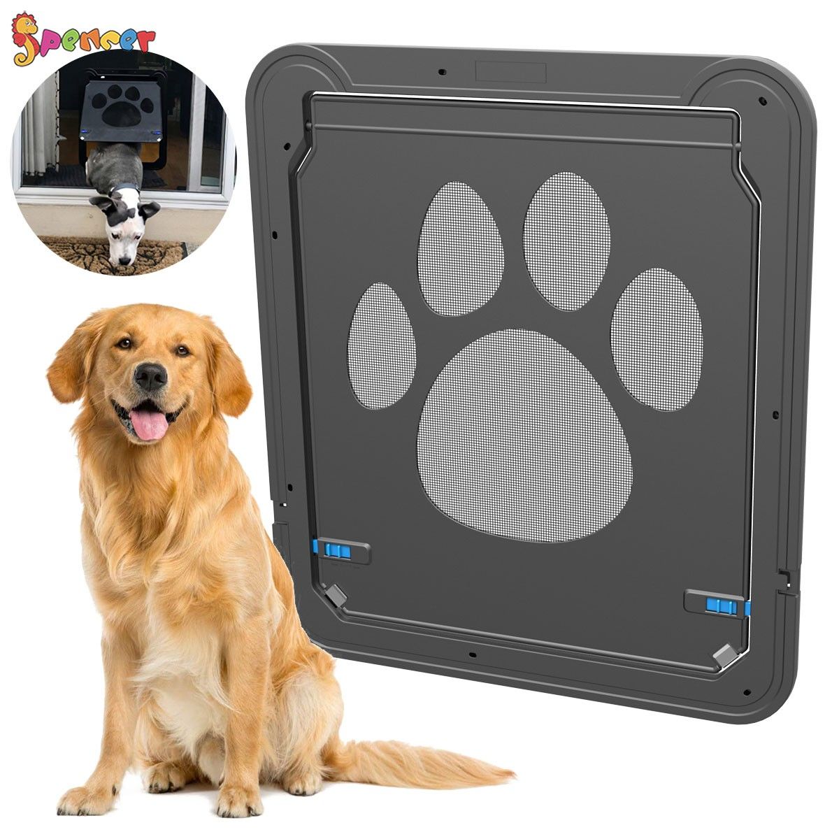 Spencer Pet Screen Door Sliding Dogs Door Window Screen Magnetic Flap Automatic Lockable Door Gate for Medium Large Dogs and Cats ( Inner Size: 12