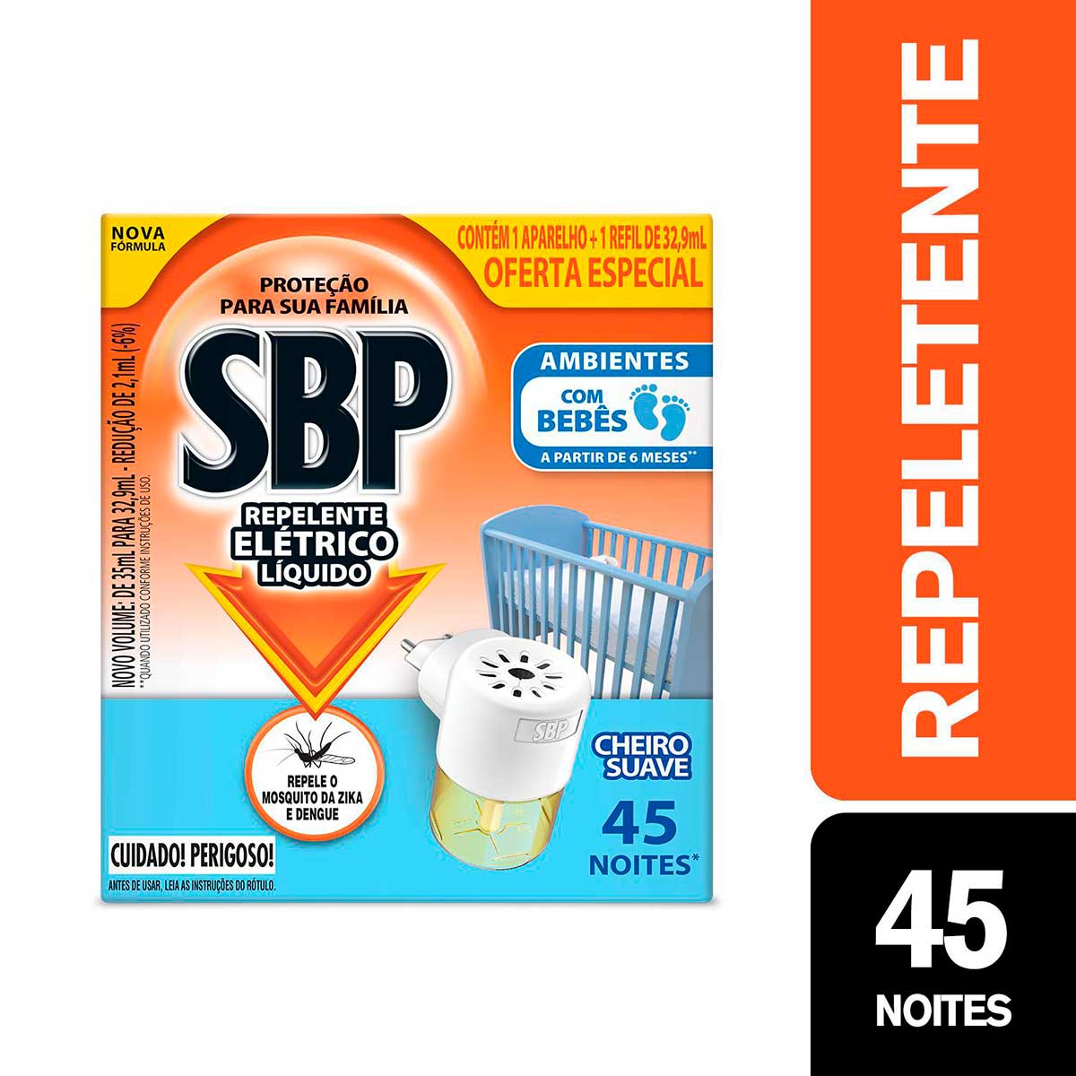 Repelente Eletrico Liquido SBP 45 Noites Cheiro Suave Novo Aparelho + Refil