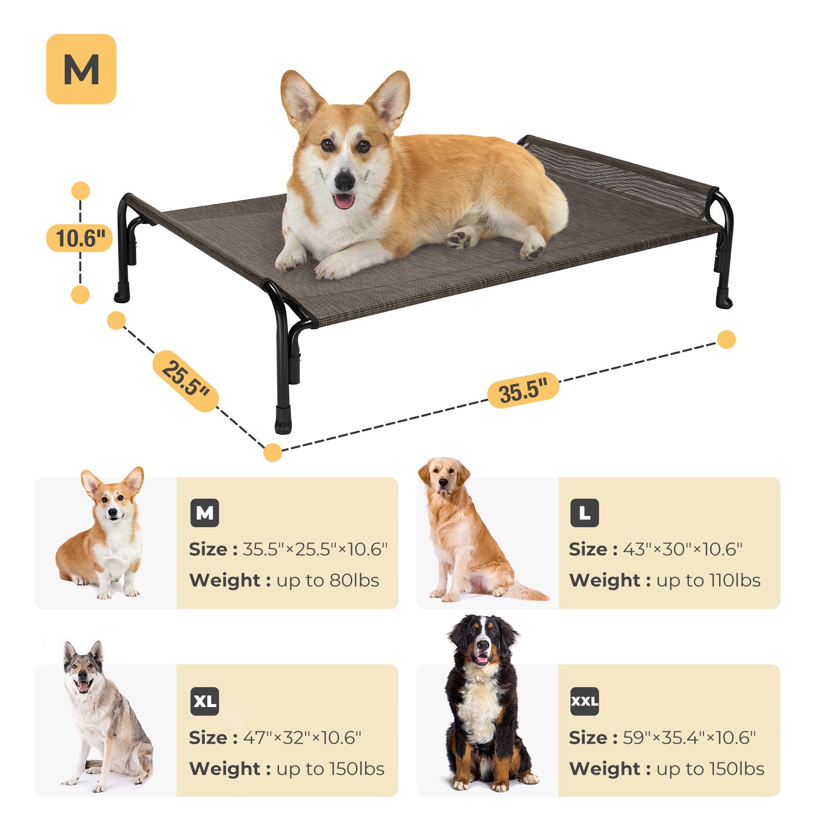 Veehoo Cooling Elevated Dog Bed， Chew Proof Dog Cot with Washable Mesh， Medium， Brown