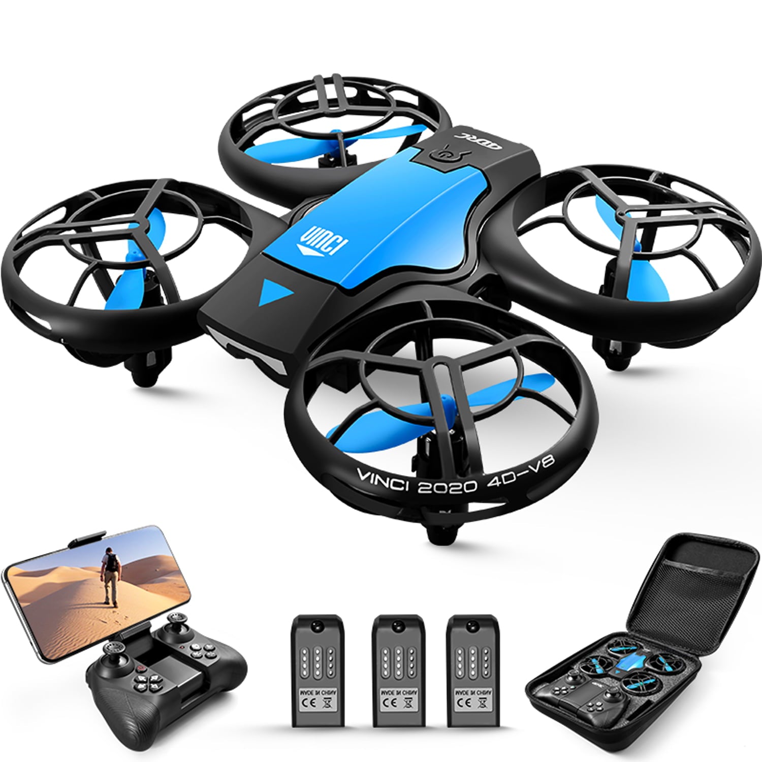 4DRC Drone Mini with 720P HD Camera for Adults and Children FPV Real-Time Video， 3 Modular Batteries Blue