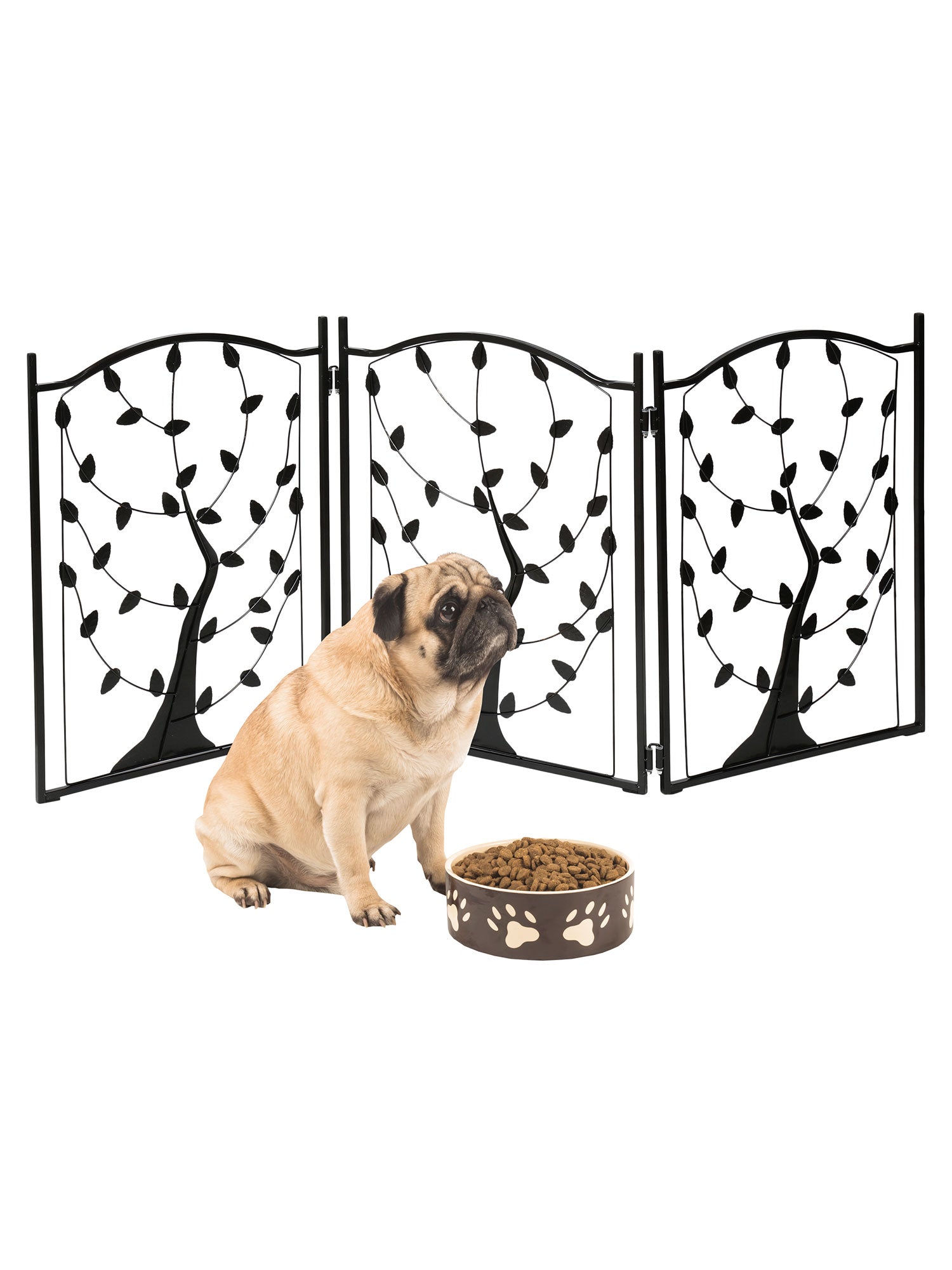 3-Panel Foldable Dog Gate Freestanding Dog Gate Metal， Tree of Life