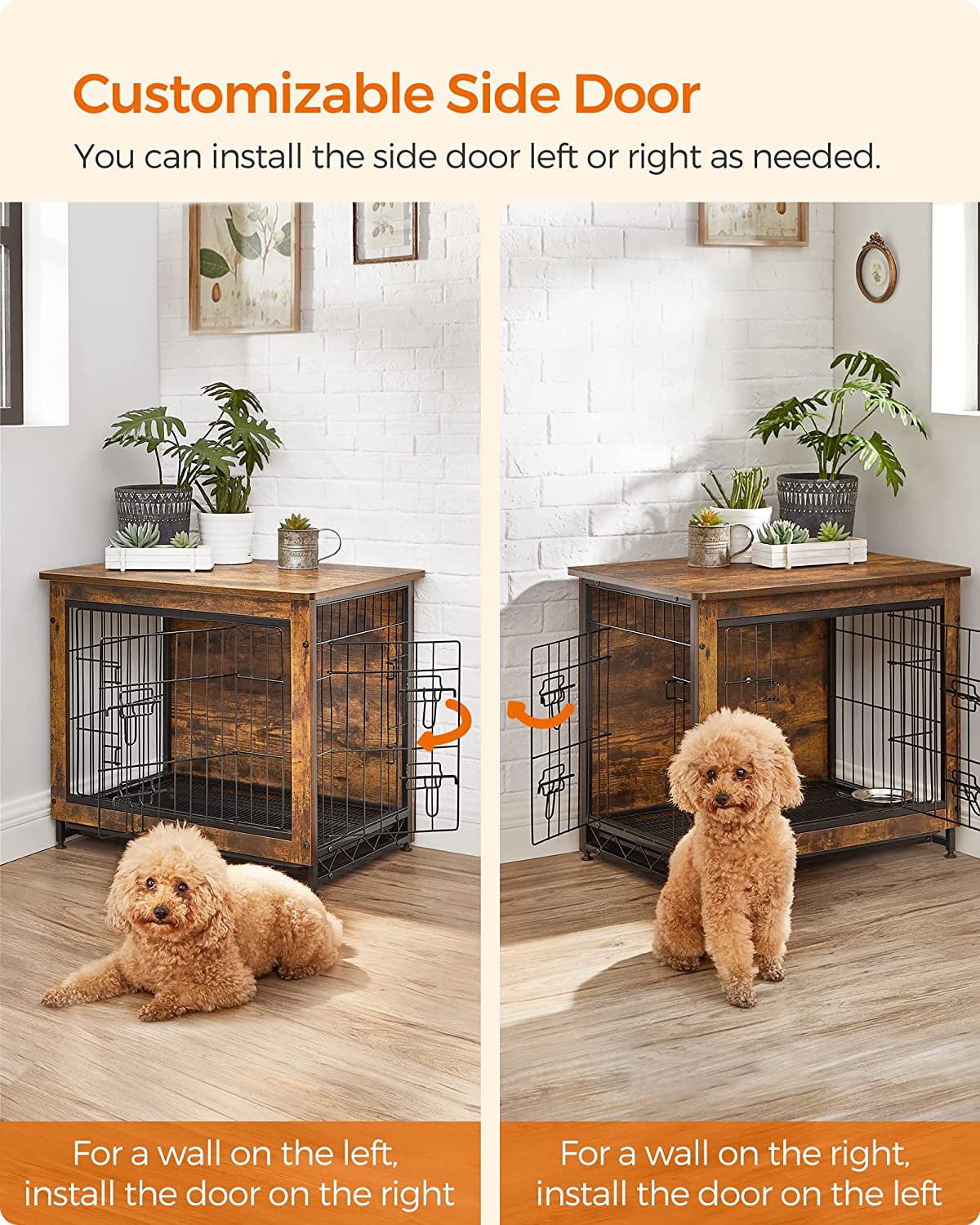 FEANDREA Dog Crate Furniture， Double-Door Dog House， Rustic Brown