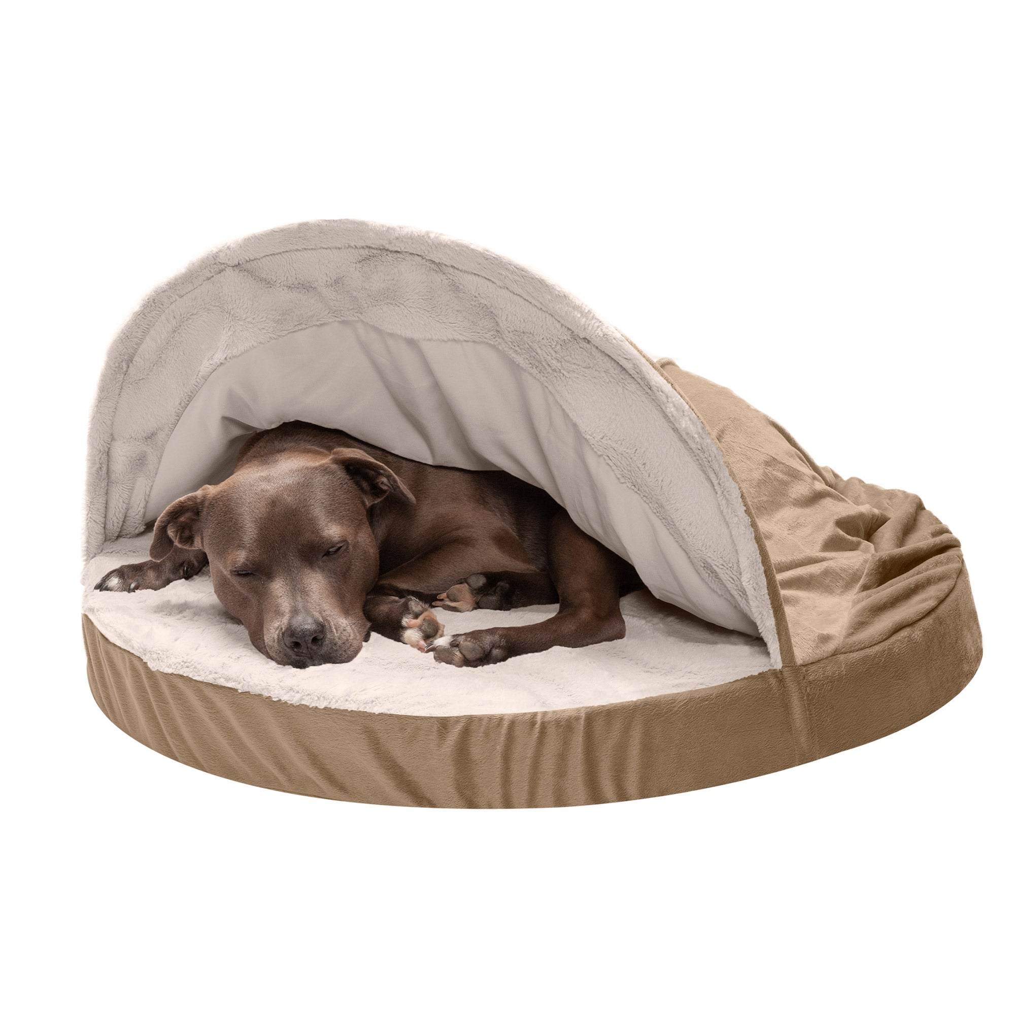 FurHaven Pet Dog Bed | Orthopedic Wave Fur and Velvet Snuggery Burrow Pet Bed for Dogs and Cats， Brownstone， 35