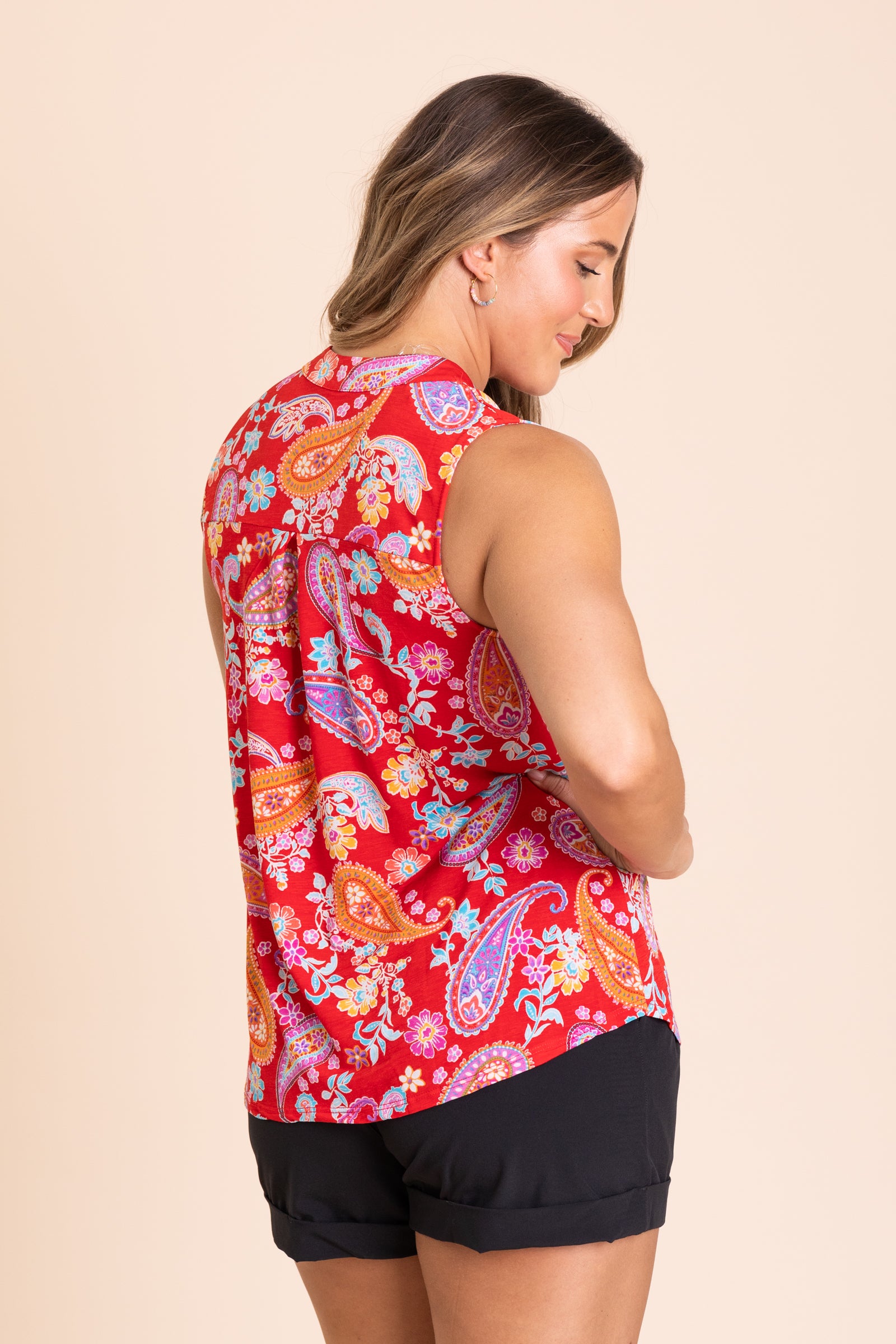 Red Printed V-Neck Wrinkle Free Lizzy Top