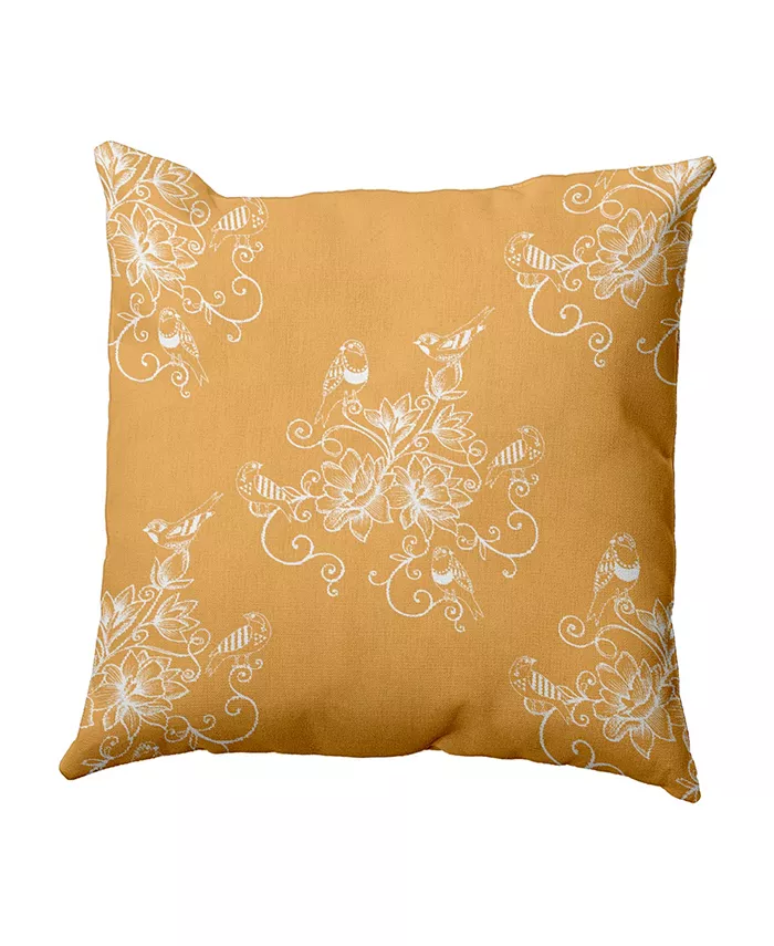 E by Design Morning Birds 16 Inch Gold Decorative Floral Throw Pillow