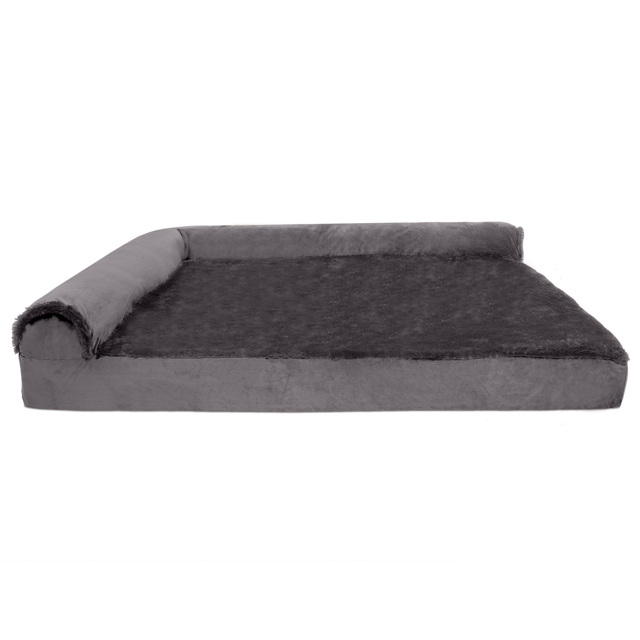 FurHaven Pet Products | Deluxe Orthopedic Plush and Velvet L-Shaped Chaise Couch Pet Bed for Dogs and Cats， Platinum Gray， Jumbo Plus