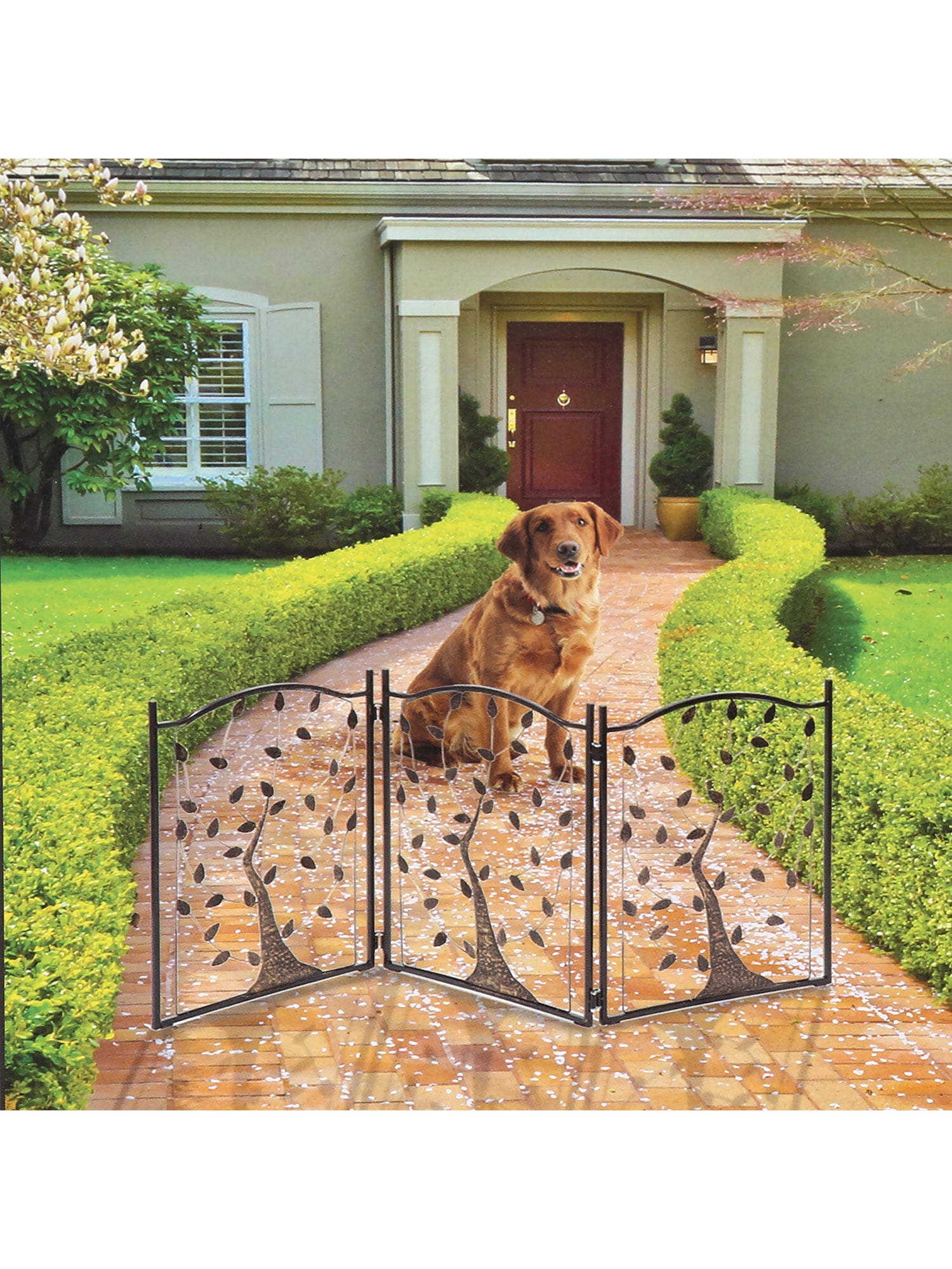 3-Panel Foldable Dog Gate Freestanding Dog Gate Metal， Tree of Life