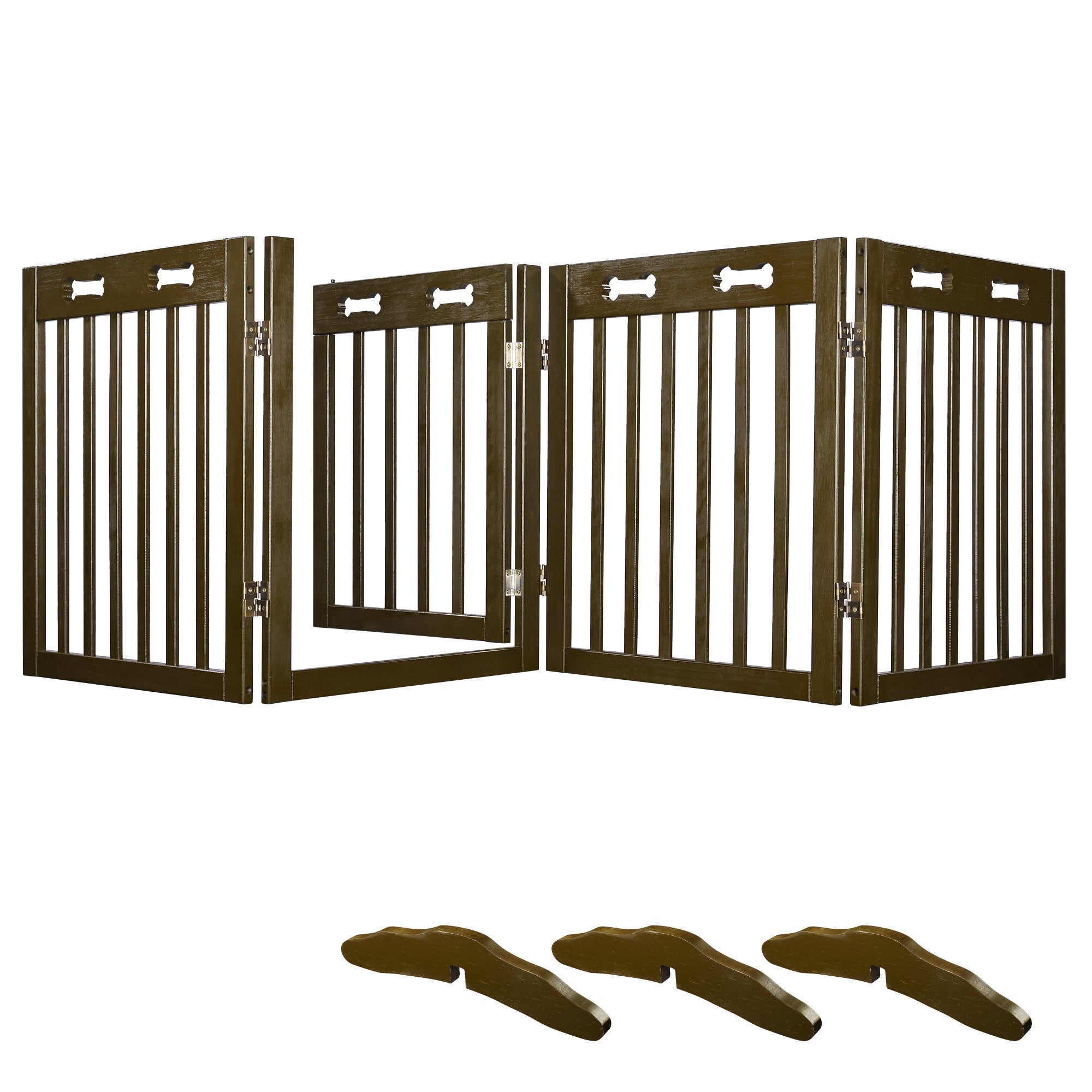 Freestanding Wooden Pet Gate w/ Walk Through Door， 360° Rotation Folding Cat Dog Fences