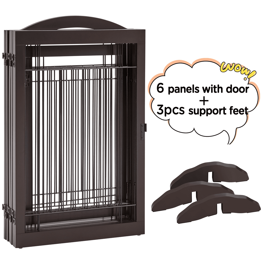 Yaheetech 32'' H 6-Panel Pet Gate with Wood and Wire， Espresso