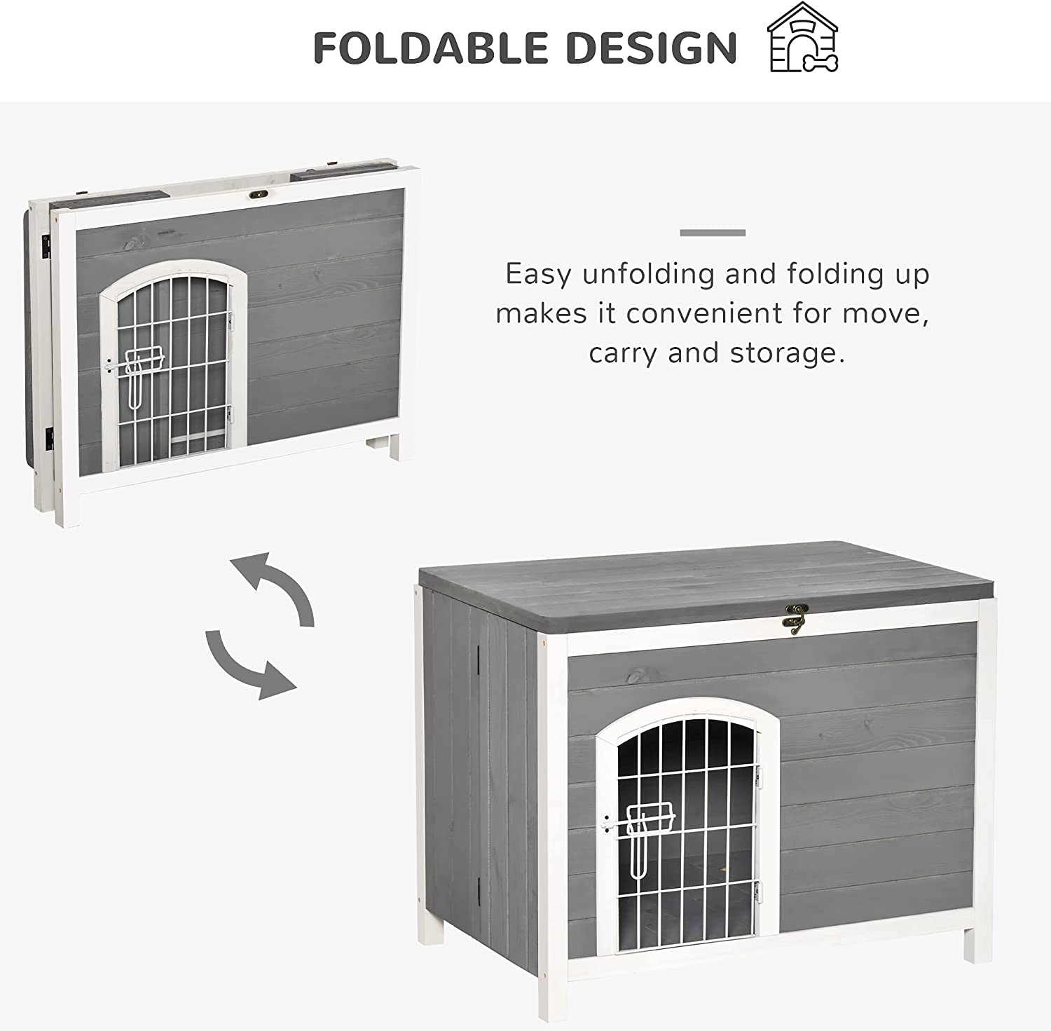 PawHut Foldable Wooden Dog House Raised Puppy Cage Kennel Cat Shelter for Indoor and Outdoor w/Lockable Door Openable Roof Removable Bottom for Small and Medium Pets Grey
