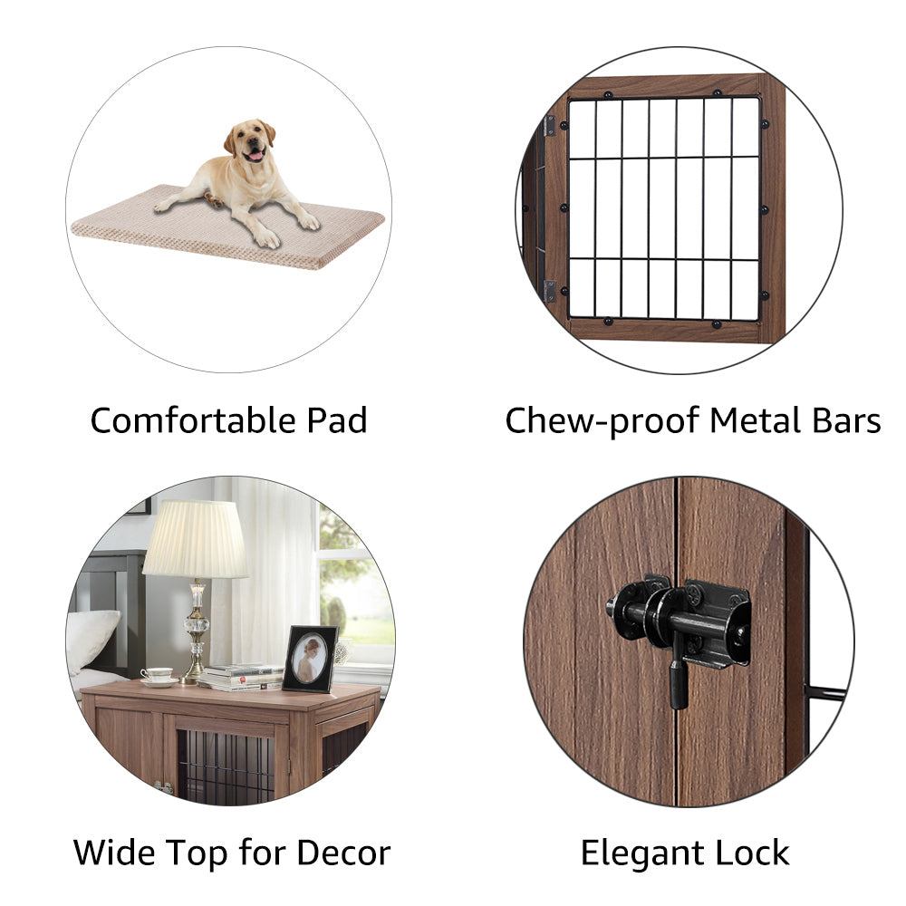 Unipaws Dog Crate End Table with Cushion， Wooden Wire Pet Kennels with Double Doors