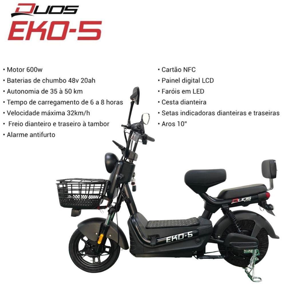 Bicicleta Scooter Elétrica 600W Alarme Eko-5 Preta Duos