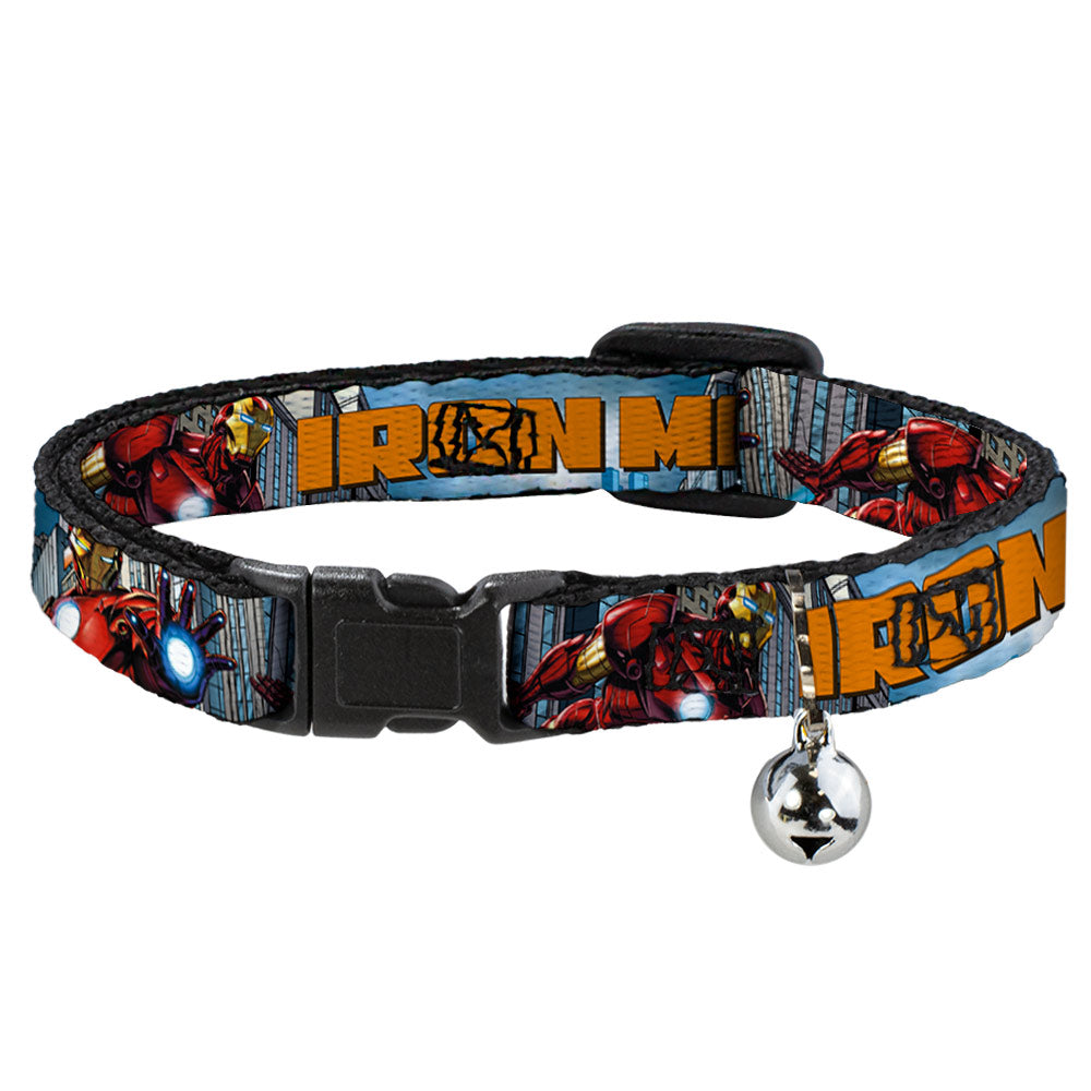 Marvel Comics Cat Collar， Breakaway Collar with Bell， Iron Man Avengers Logo Cityscape， 8.5 to 12 Inches 0.5 Inch Wide