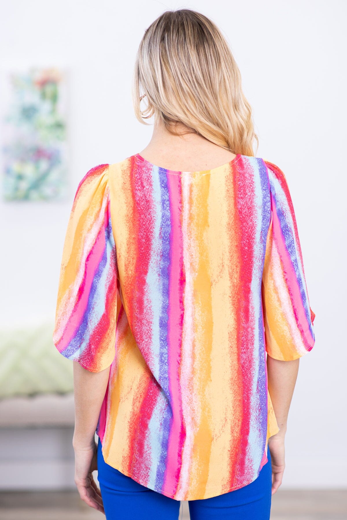 Red and Yellow Multicolor Vertical Stripe Top