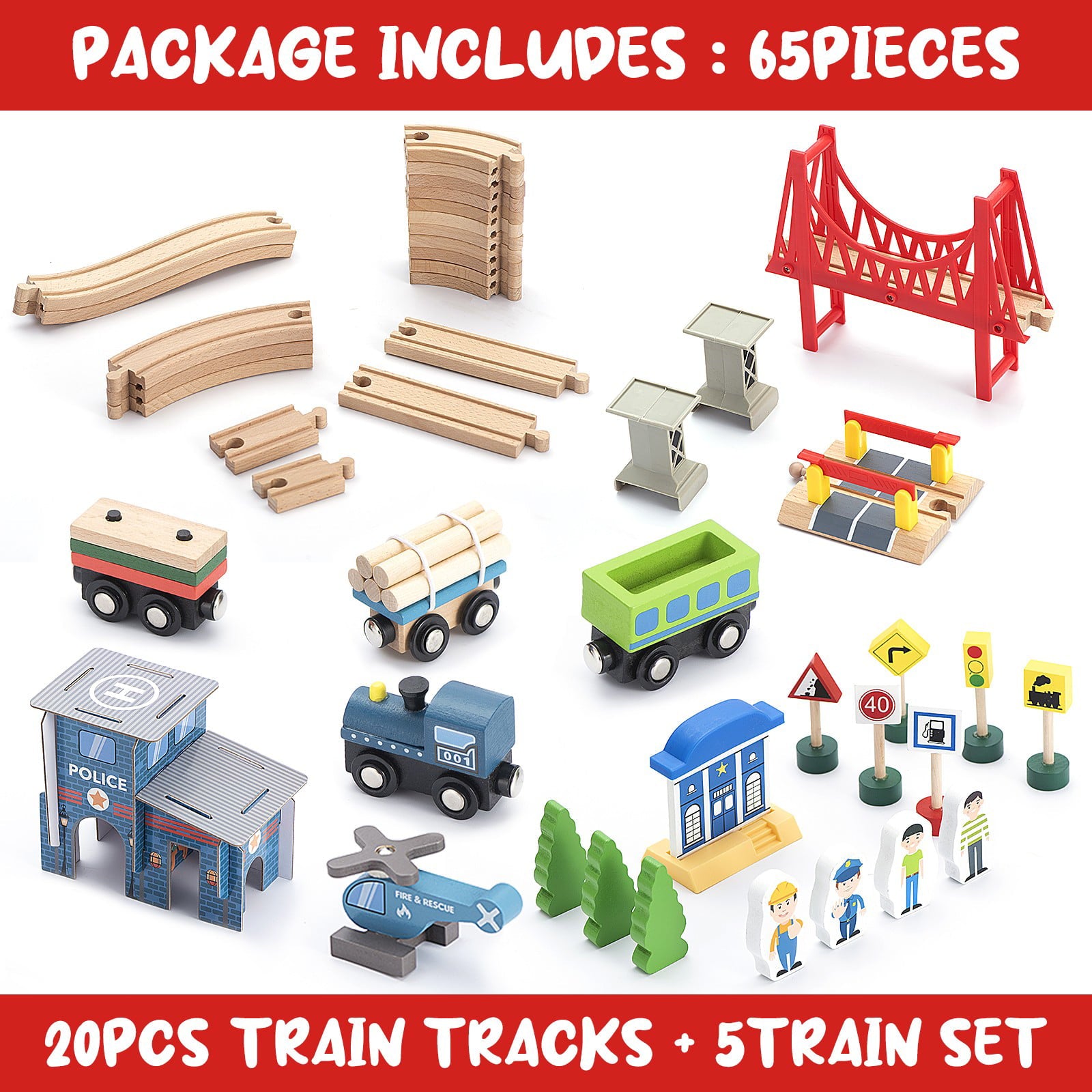Wooden Train Set 65PCS， BetDEF Toy Train Sets with All-Wood Double Sided Train Tracks for Boys and Girls Fits Thomas， Brio， Melissa and Doug...(65PC)