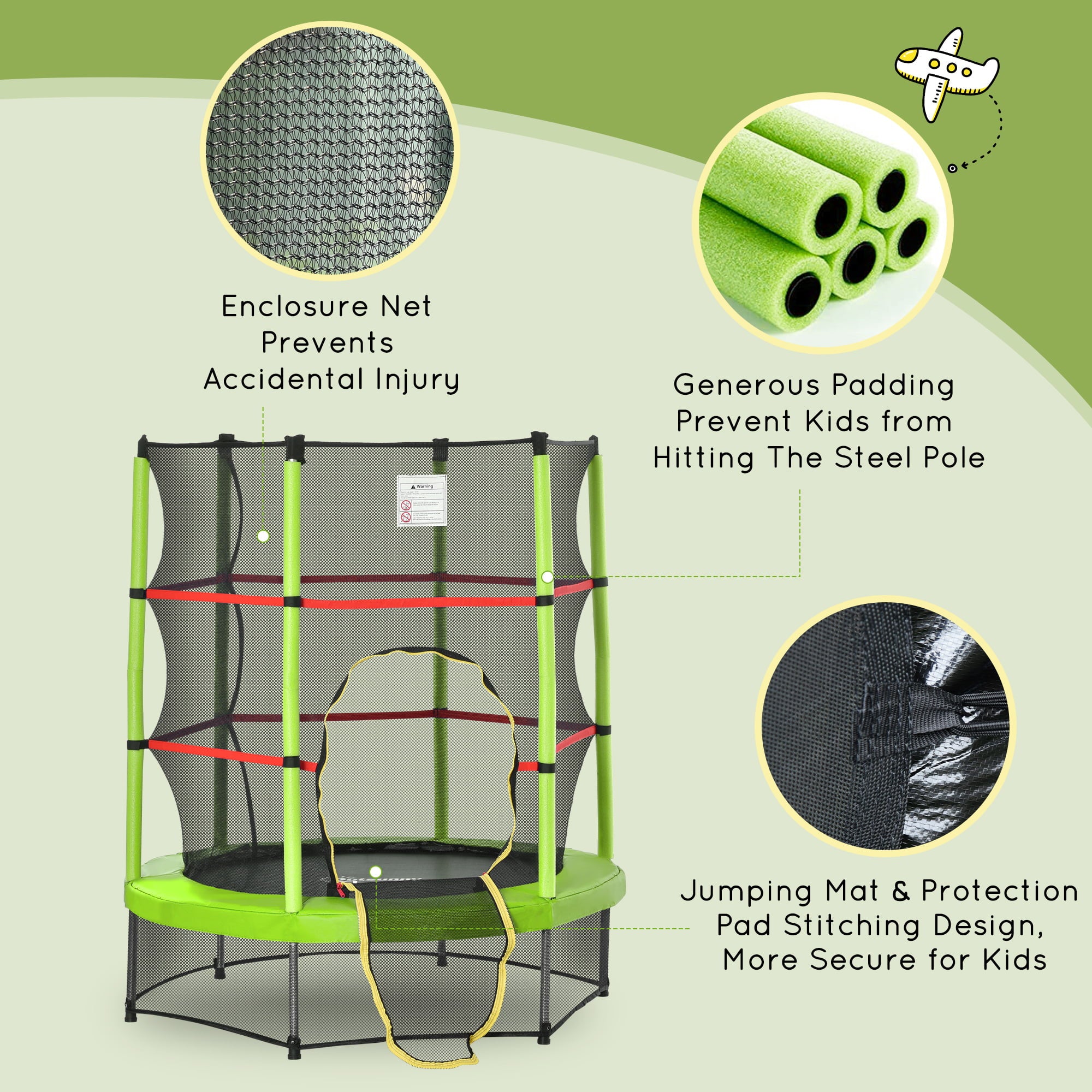 Outsunny Î¦5FT Kids Trampoline with Enclosure Net， Springless Design， Safety Pad and Steel Frame for Indoor Outdoor， Toddler Round Bouncer for Age 3 to 6 Years Green