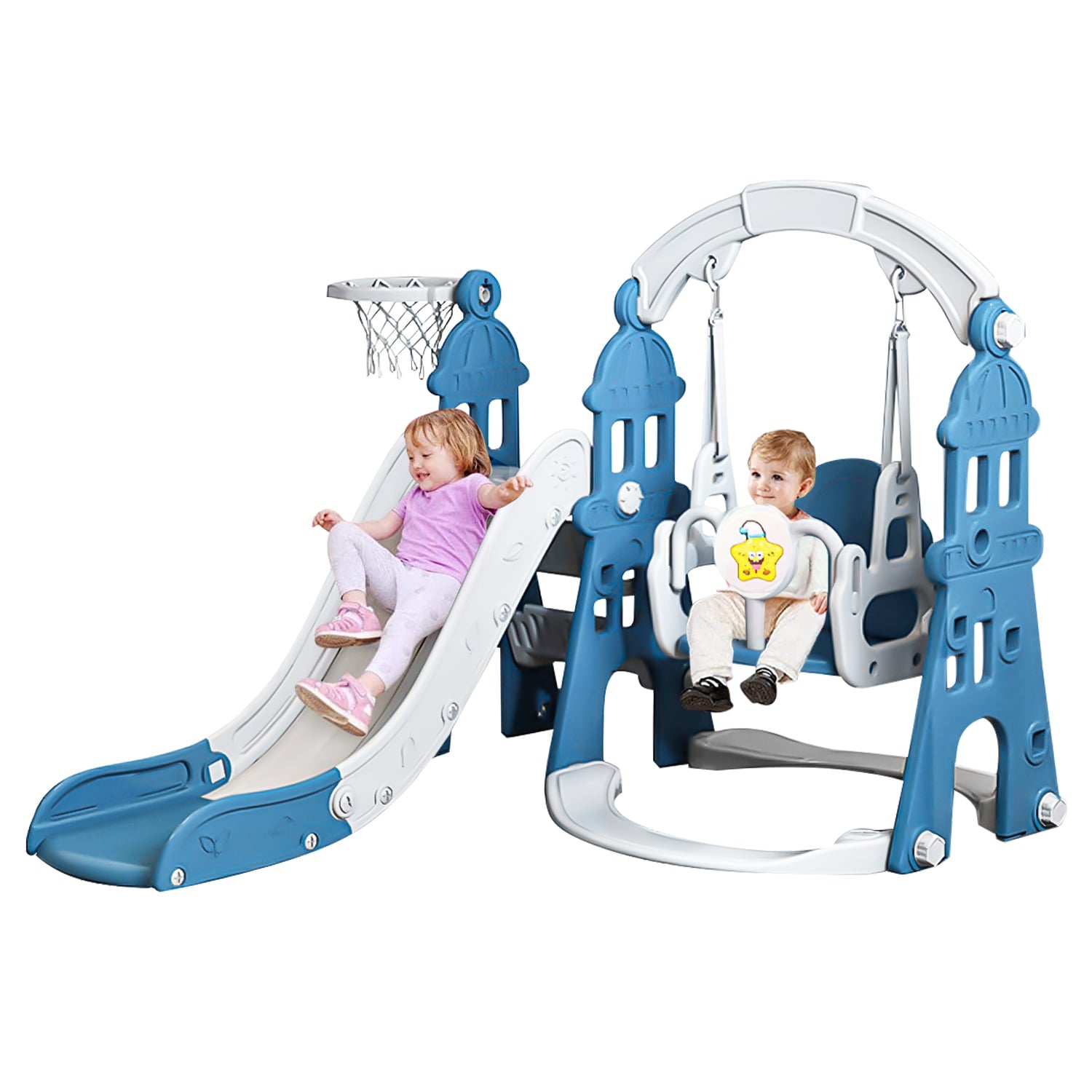 4 in 1 Toddler Slide and Swing Set， Kid Indoor Playground， Combination Slide Swing with Basketball Hoop， Extra Long Slide