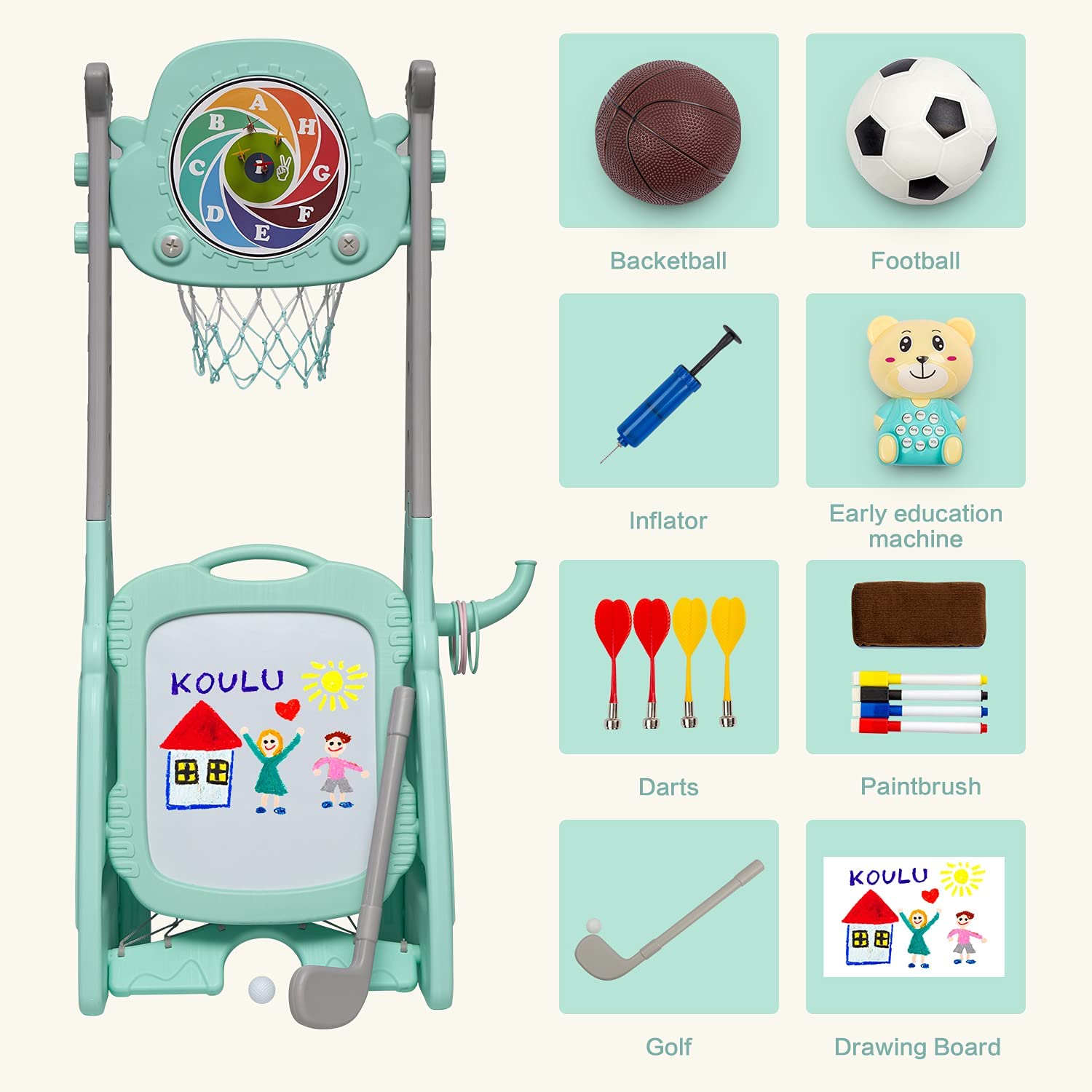 Kinbor Kids 7 in 1 Basketball Hoop Set  with Soccer Goal， Music Box for 3-7 BoysandGirls