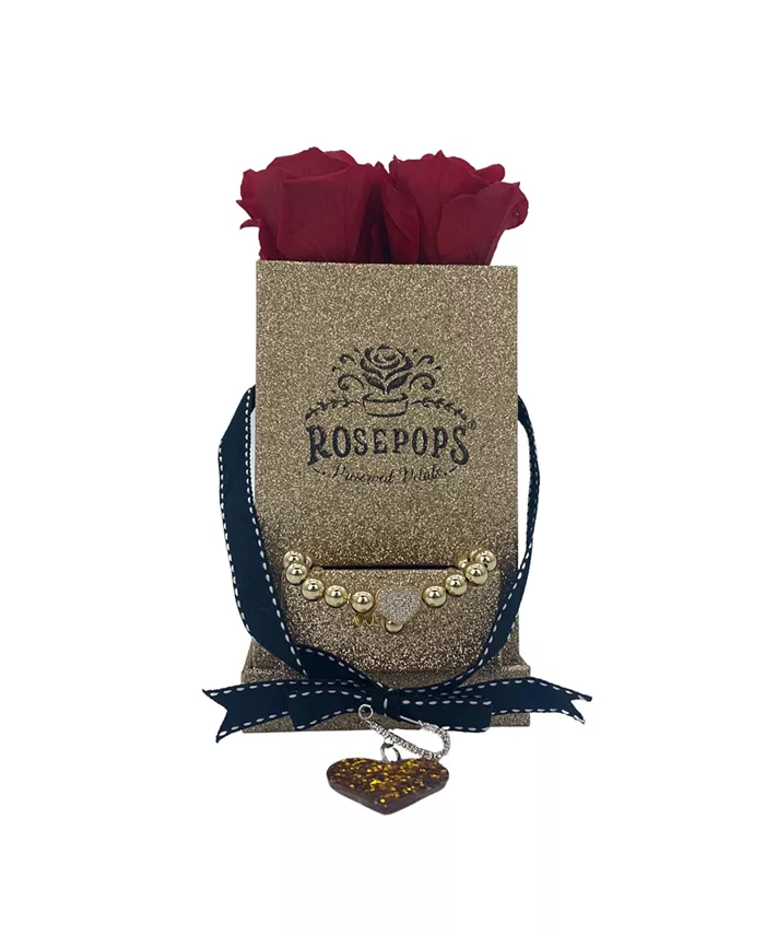 Rosepops Gold-Tone Glitter Square Box with Drawer and 4 Red Real Preserved Roses