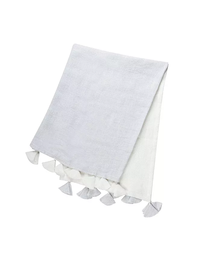 Anaya Home Light Grey Colorblocked Linen Blanket With Tassels