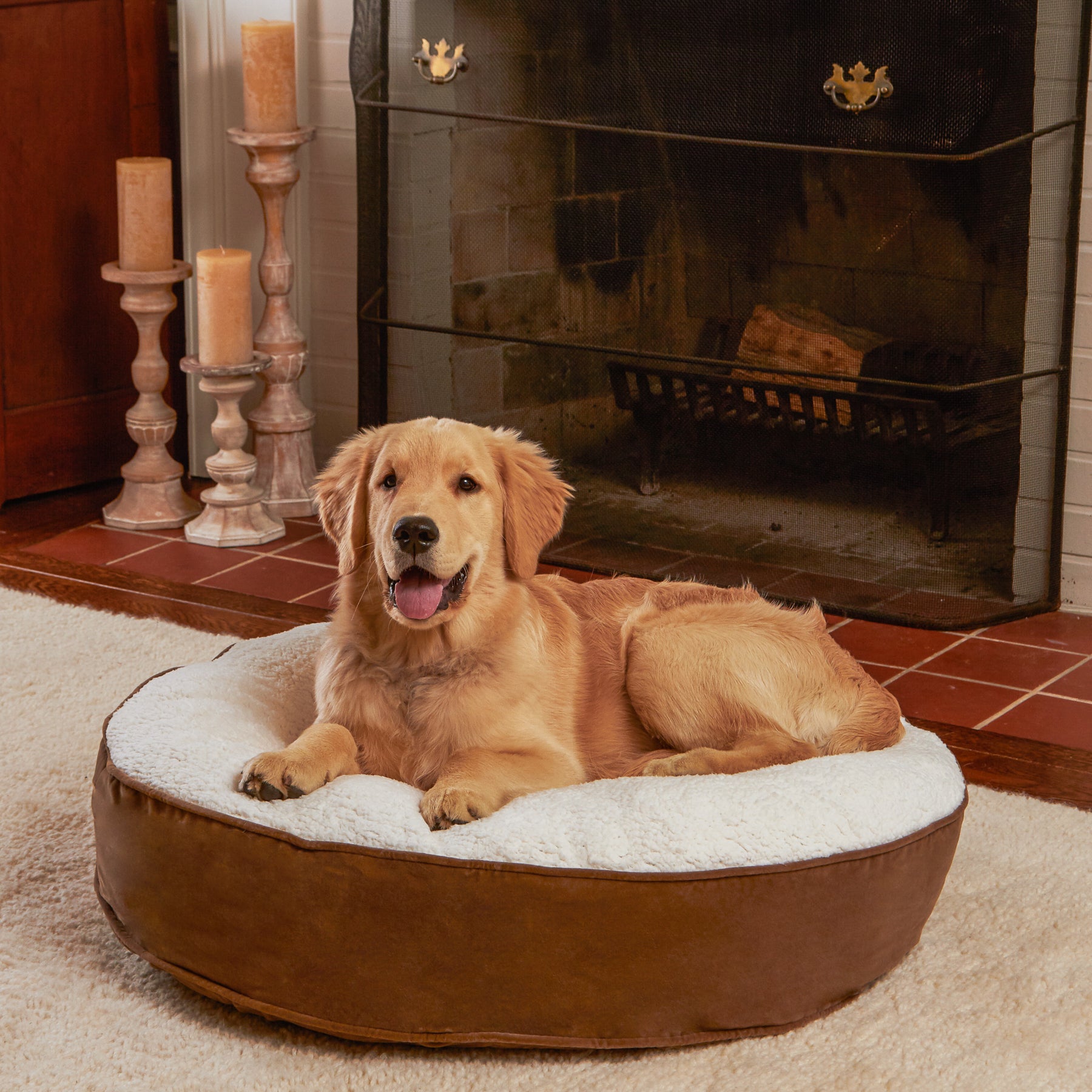 Happy Hounds Scout Sherpa Round Pillow Dog Bed， Latte， Small (30 x 30 in.)