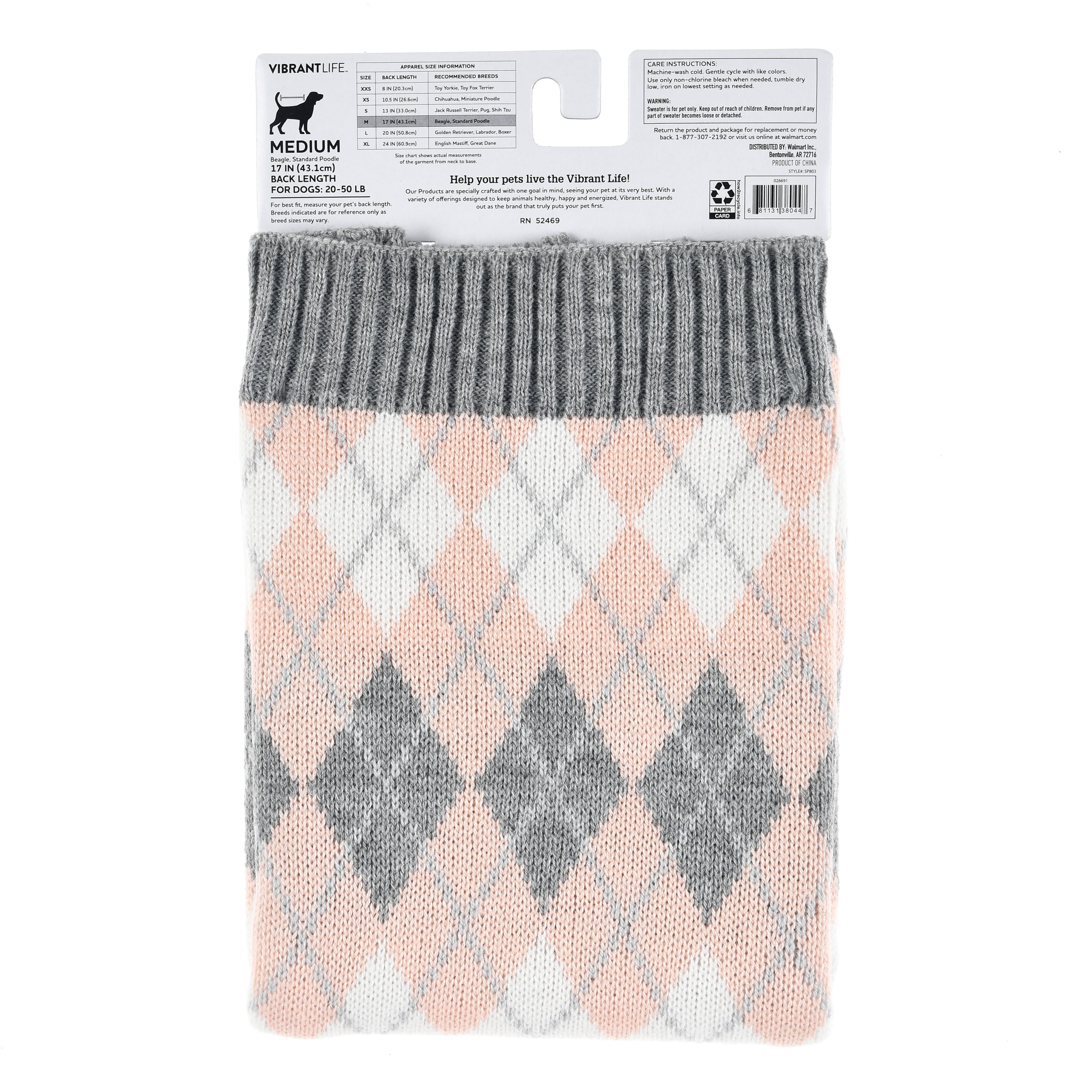 Vibrant Life Pastel Pink Argyle Dog Sweater， Large