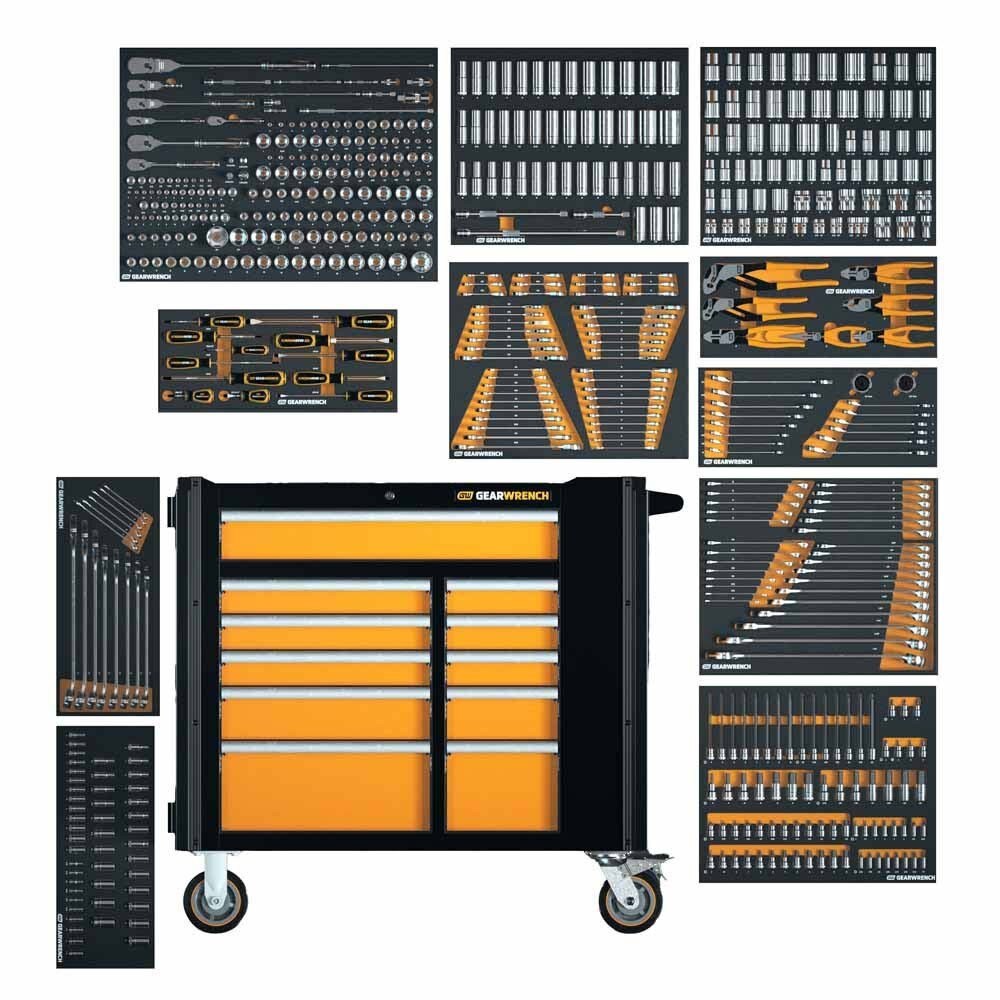 Conjunto de ferramentas GearWrench MEGAMODMRO Master Technician de 614 peças com bandejas personalizadas e armazenamento.