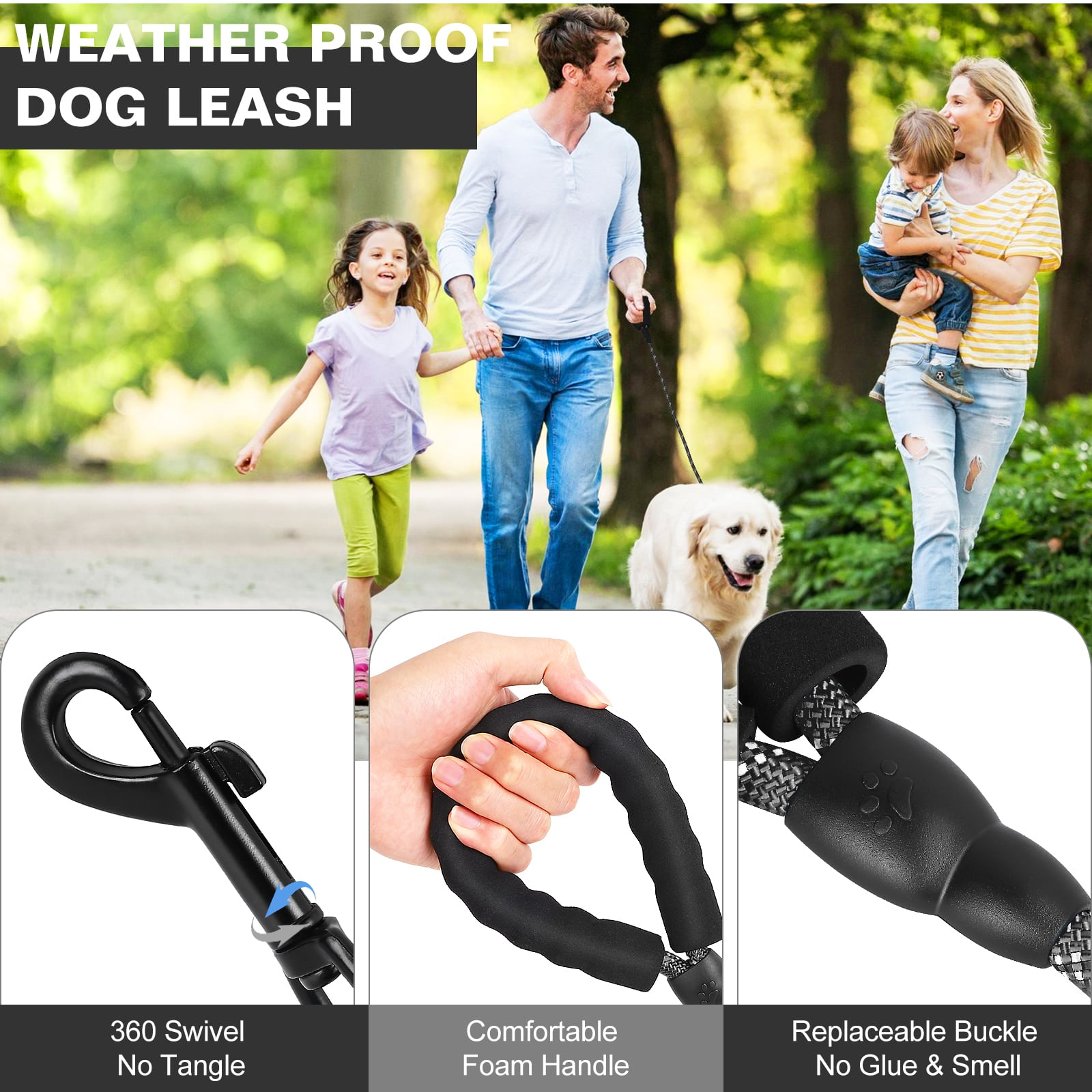 UrbanX 4FT Strong Dog Leash with Comfortable Padded Handle and Highly Reflective Threads for Lagotto Romagnolo and other Medium Sporting Dogs Black