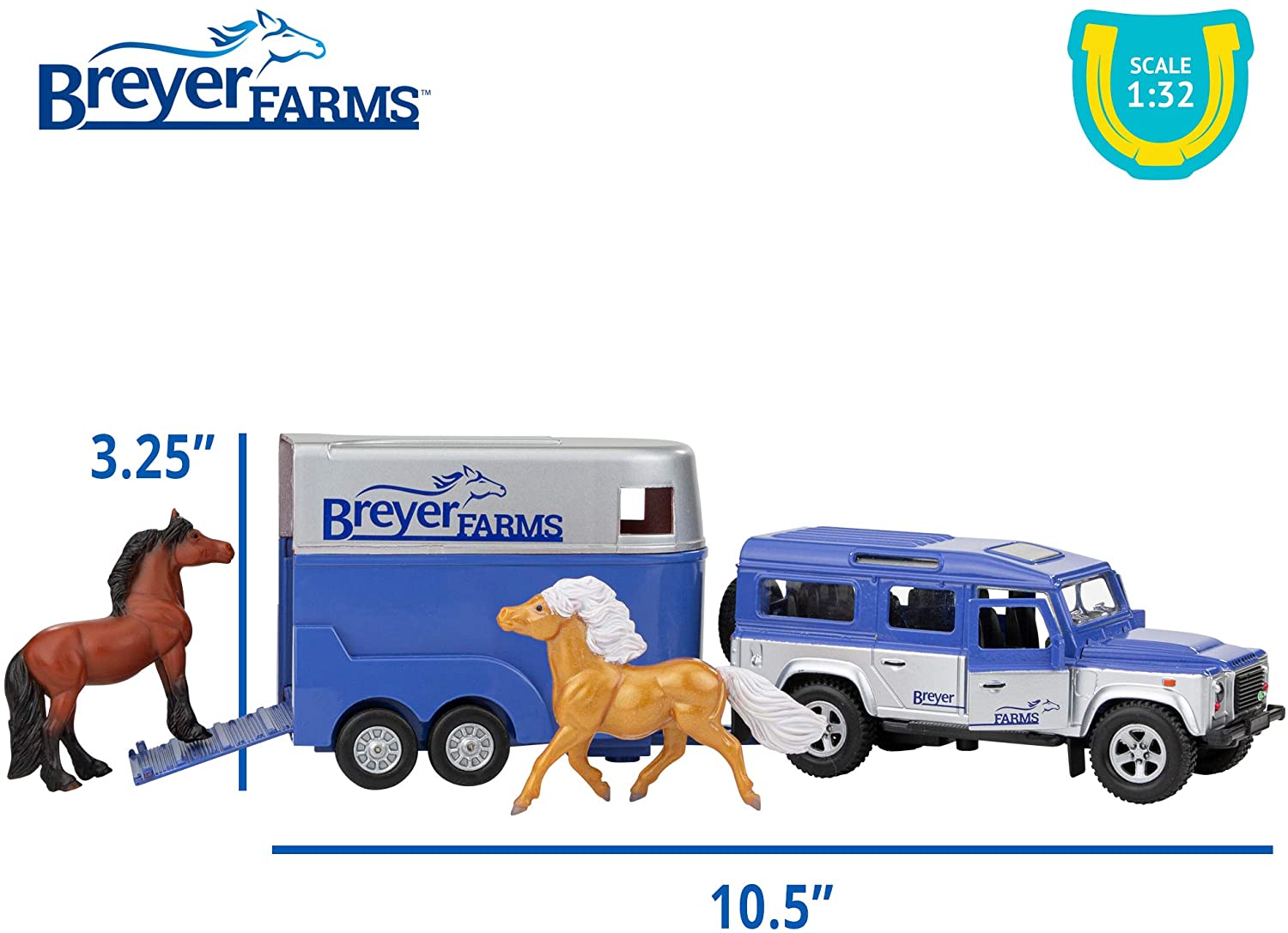 Breyer Farms 1:32 Scale Land Rover and Tag-a-Long Trailer with 2 Stablemates Horses Action Figure Set， 4 Pieces