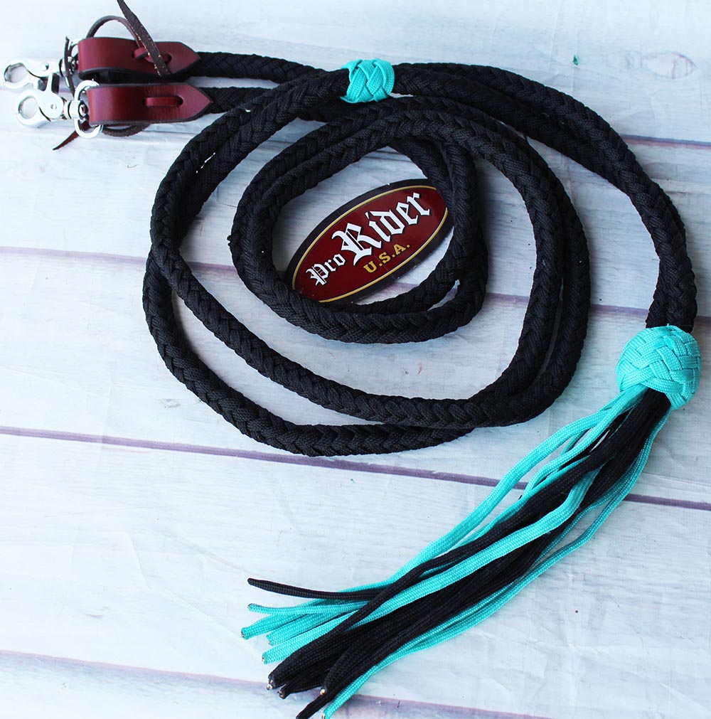 Horse Western Barrel Racing Nylon Braided Split Reins Turquoise Fringe 607143